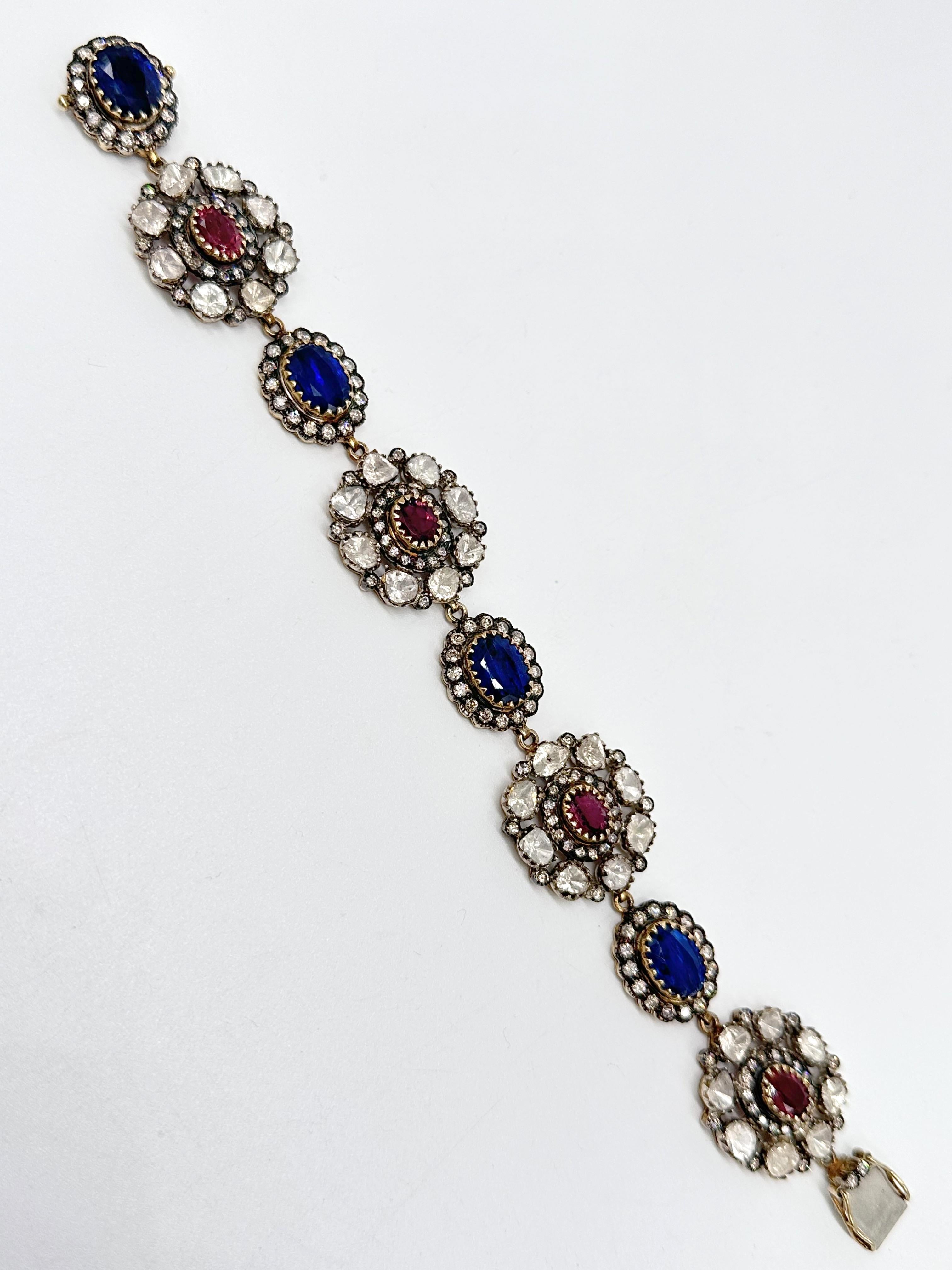 Women's or Men's Antique natural diamond deep red rubellite blue kyanite 14K gold silver bracelet For Sale