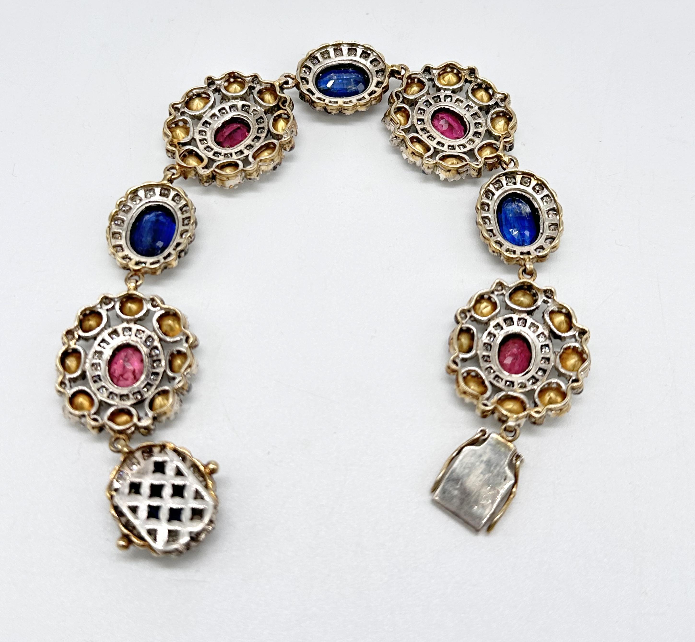 Antique natural diamond deep red rubellite blue kyanite 14K gold silver bracelet For Sale 1