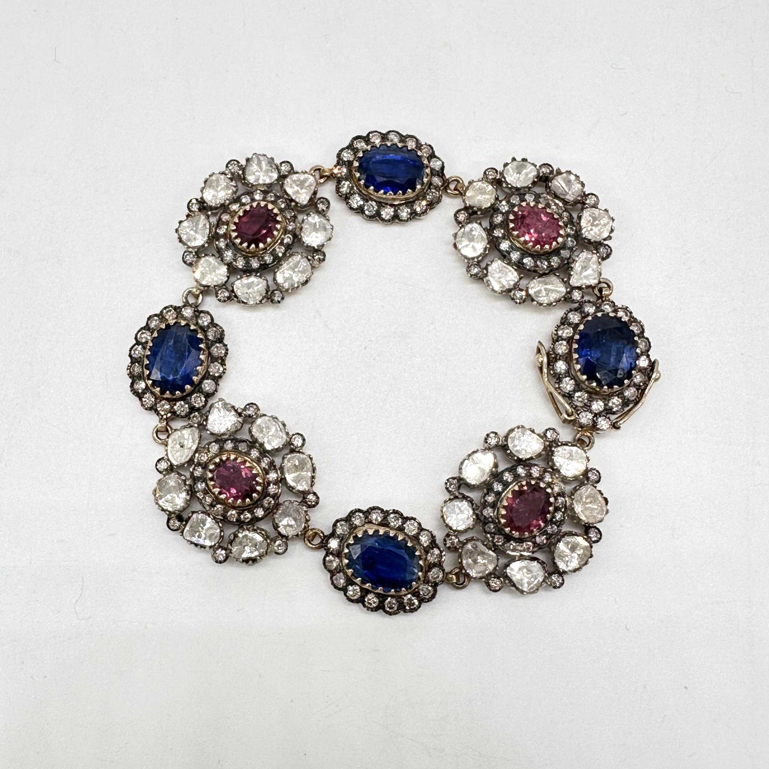 Antique natural diamond deep red rubellite blue kyanite 14K gold silver bracelet For Sale 2