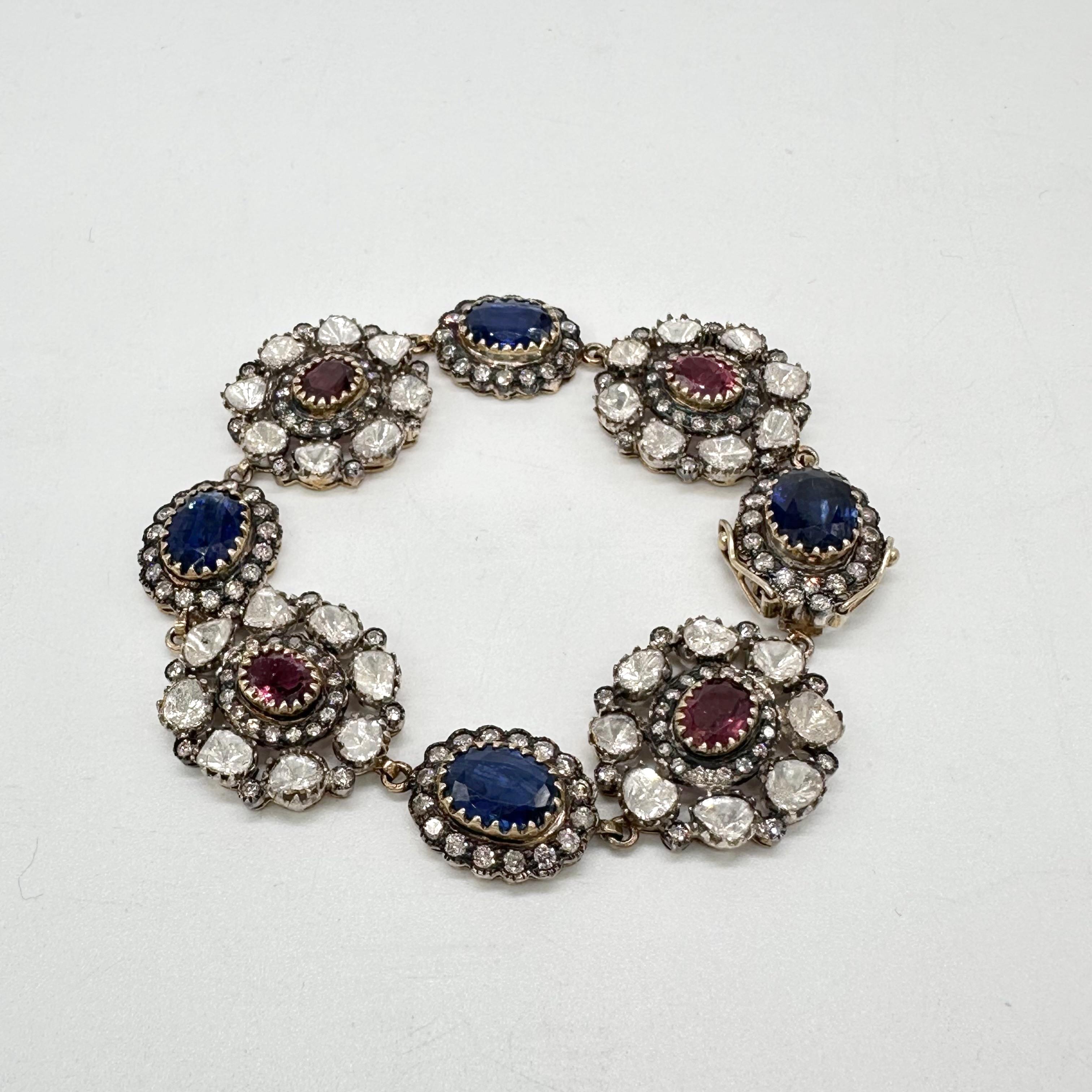 Antique natural diamond deep red rubellite blue kyanite 14K gold silver bracelet For Sale 3