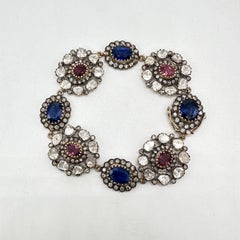 Antique natural diamond deep red rubellite blue kyanite 14K gold silver bracelet