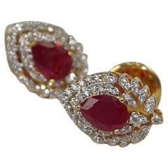 Royal Natural ruby brilliant cut diamond 18K gold stud drop shaped earrings