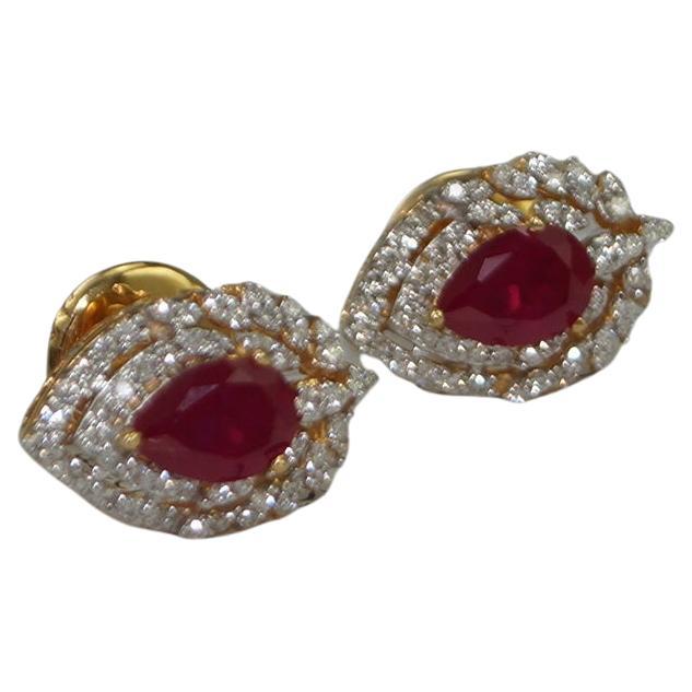 Royal Natural ruby brilliant cut diamond 18K gold stud drop shaped earrings