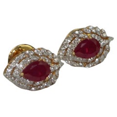 Royal Natural ruby brilliant cut diamond 18K gold stud drop shaped earrings