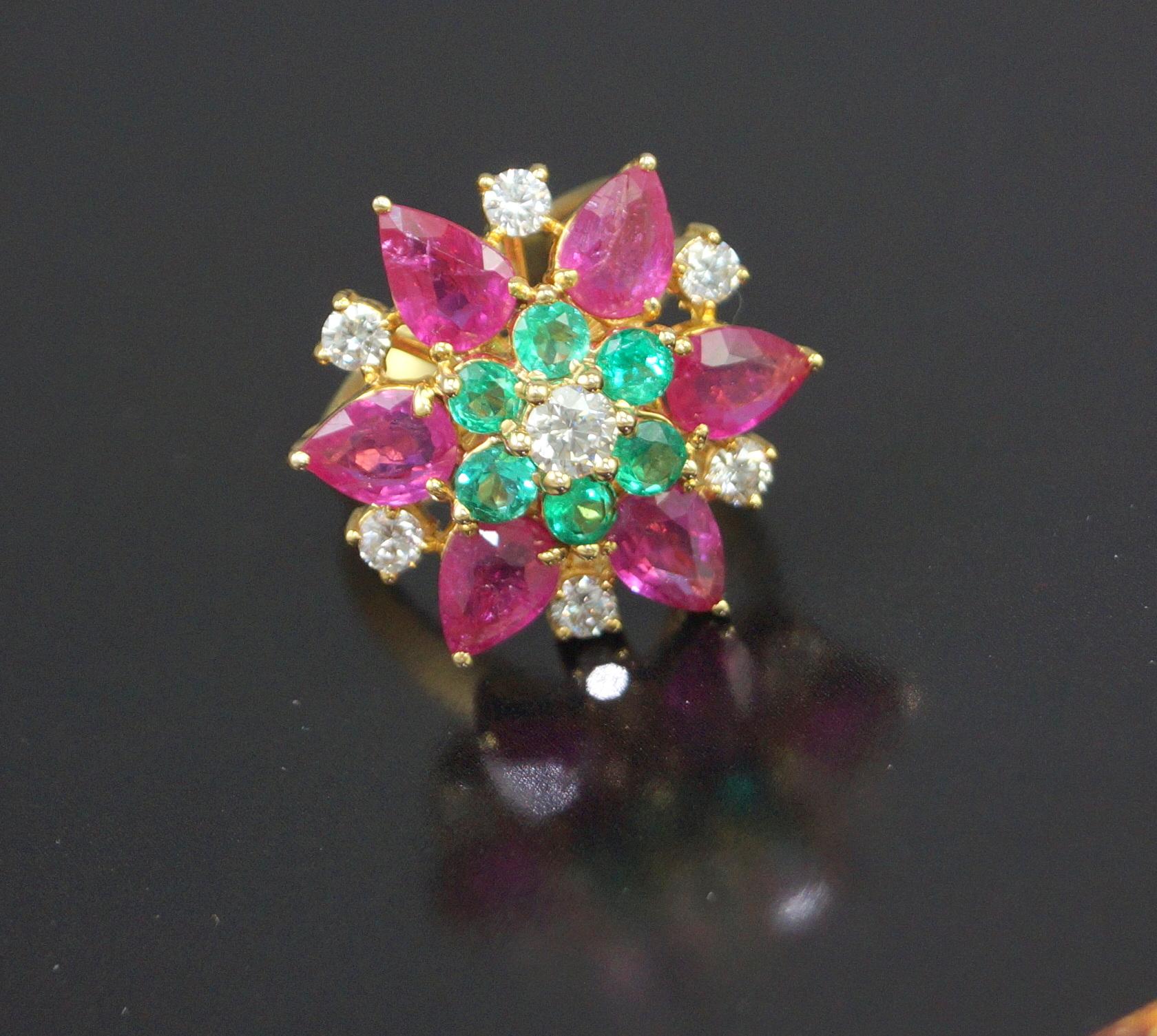 Brilliant Cut Royal Natural ruby emerald brilliant cut diamond 18K gold statement ring For Sale