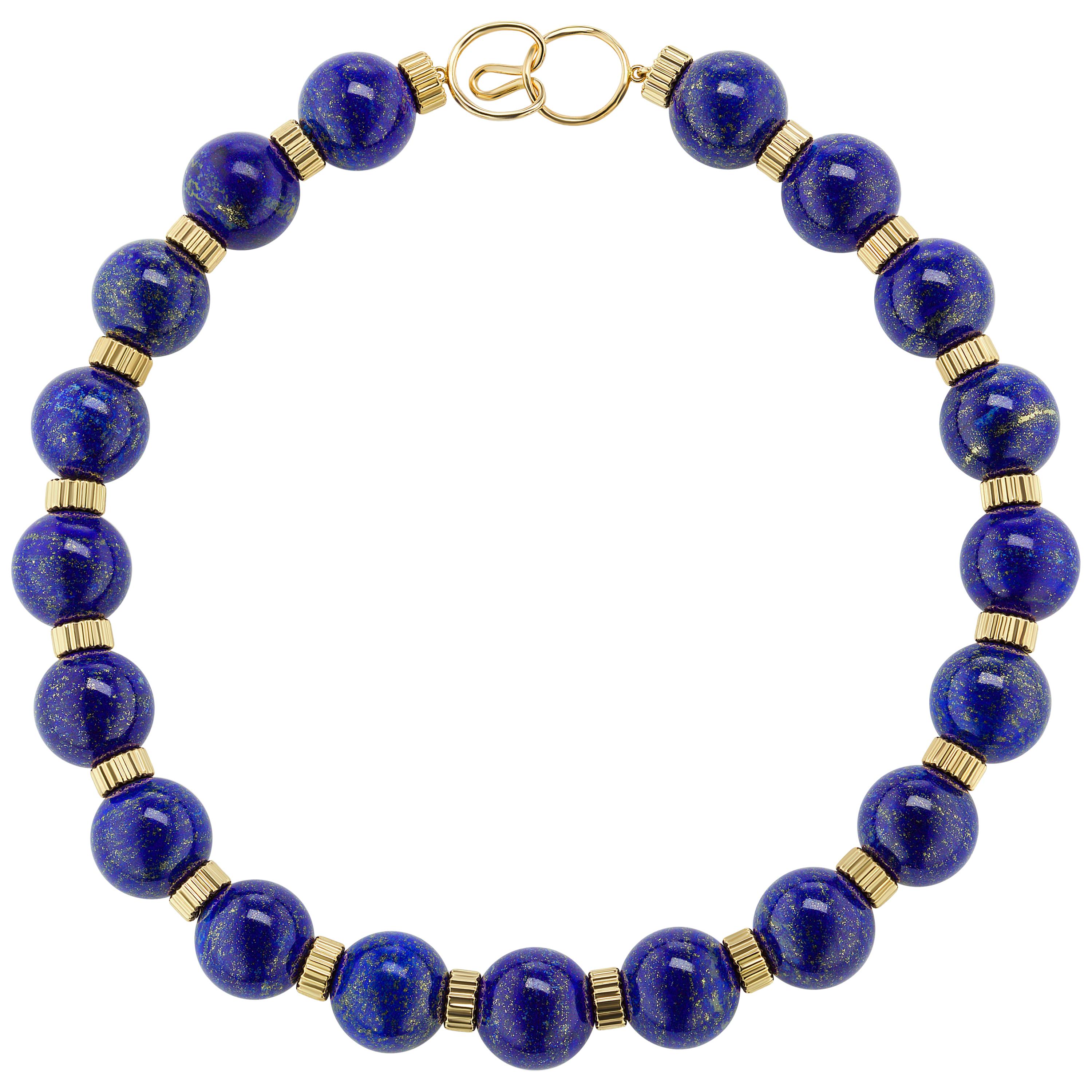 Royal Navy Blue Lapis Lazuli  20MM Bead Gold Necklace