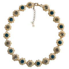 Collier de cristaux de flocon de neige bleu marine royal, saphir gris brillant, tennis en or