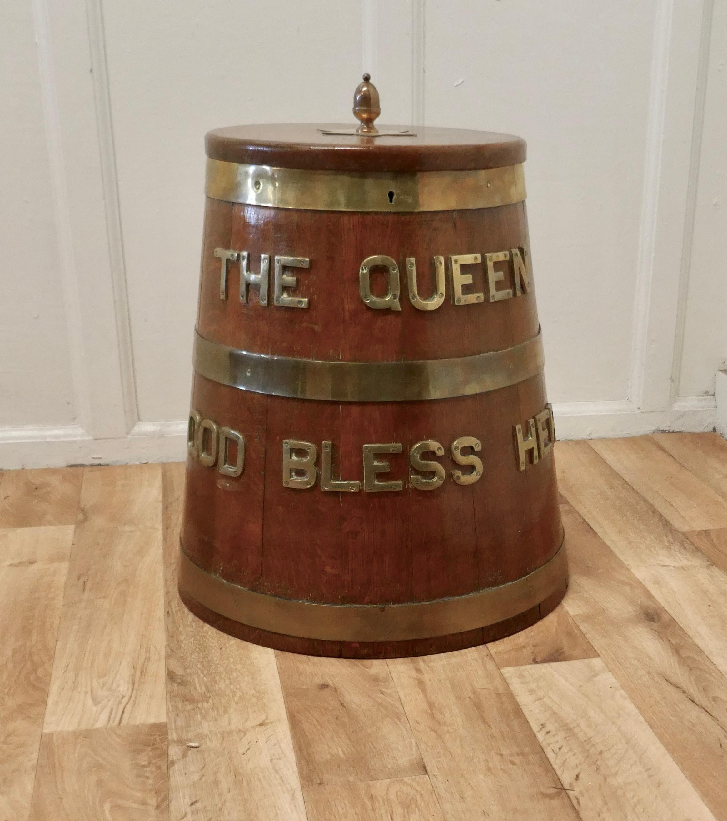Royal Navy “Grog Tub”, Oak and brass sailor’s rum barrel

A super piece of British history, the barrel known as a “Grog Tub” was used to carry the Navy Rum Tot given out twice daily to the sailors, sadly a tradition now obsolete 
This one was