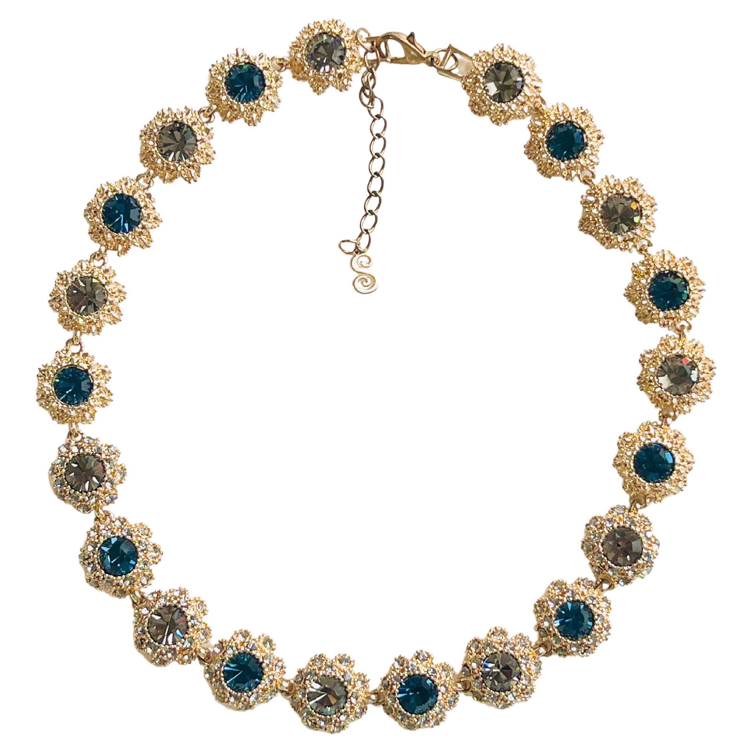 Royal Navy Sapphire Grey Shining Snowflake Crystals Tennis Necklace, Gold Plated For Sale