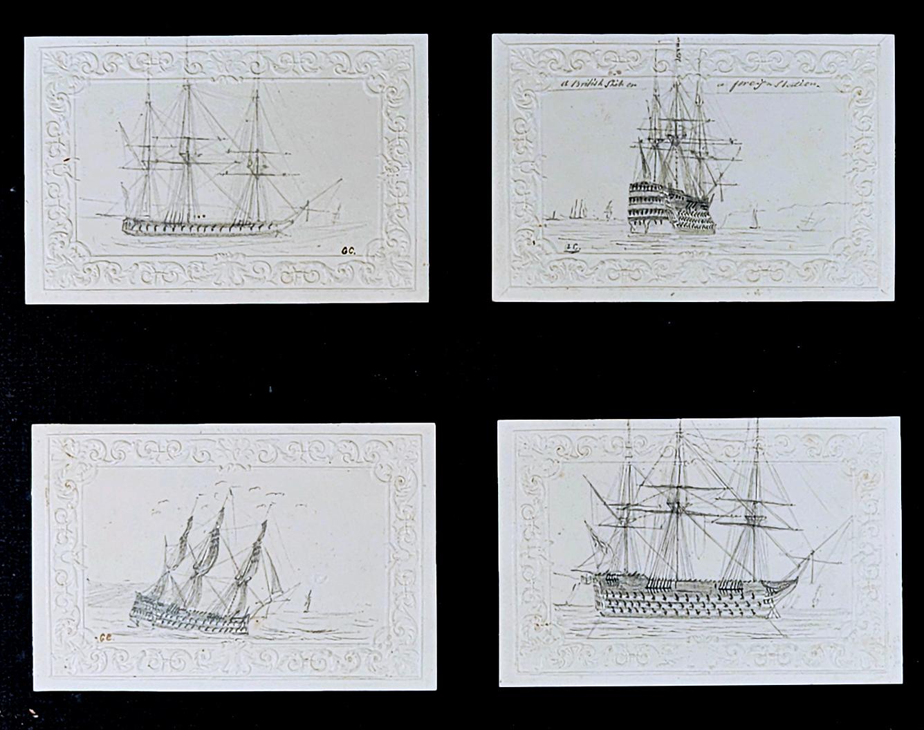 Dessins au crayon de George Bryant Campion de navires de la marine royale, 
Graphite sur papier cartonné,
Circa 1830

Quatre dessins au crayon de navires de la Royal Navy sur papier cartonné gaufré, trois signés par l'artiste et encadrés et vitrés. 