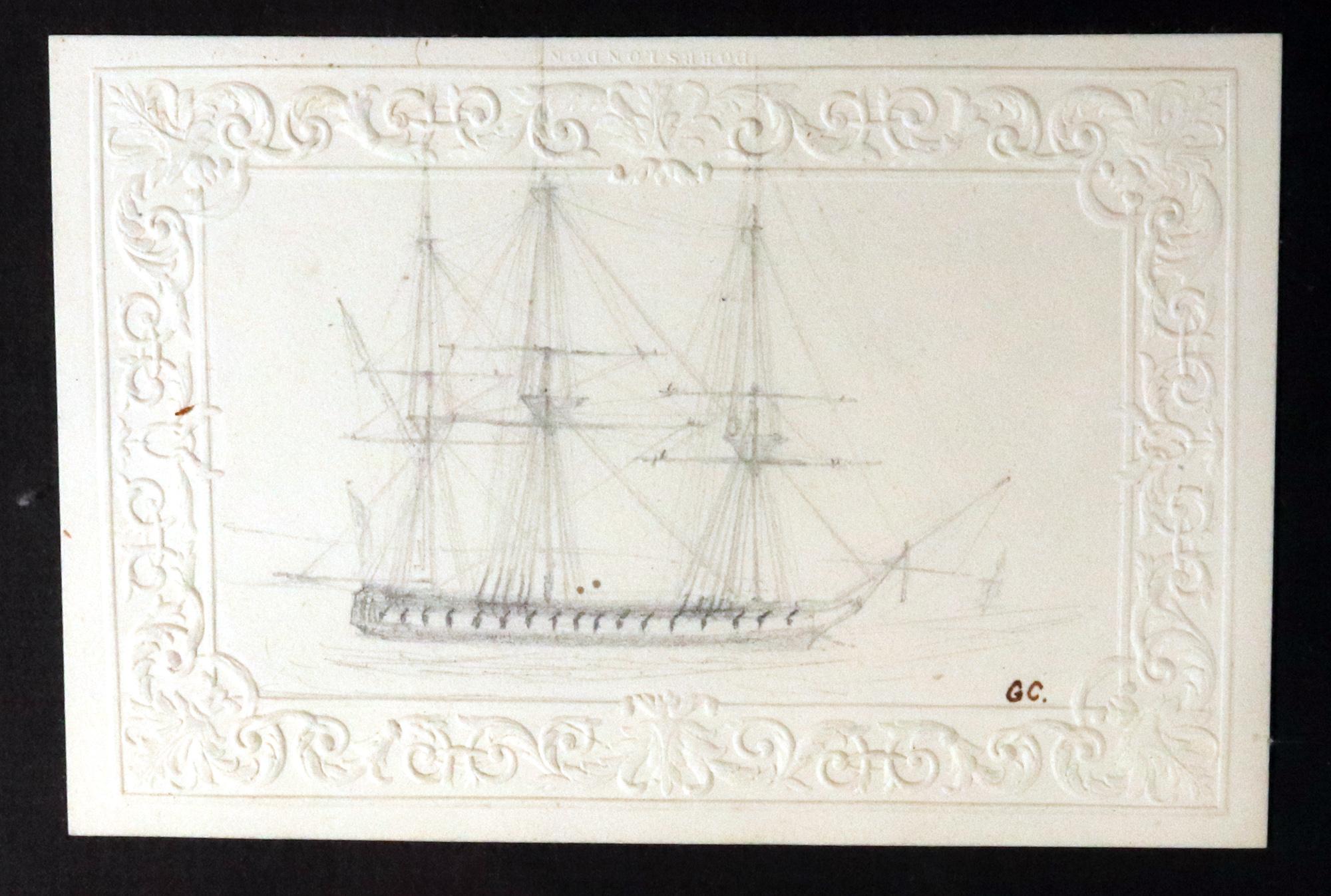 Regency Royal Navy Ship Pencil Drawings by George Bryant Campion For Sale
