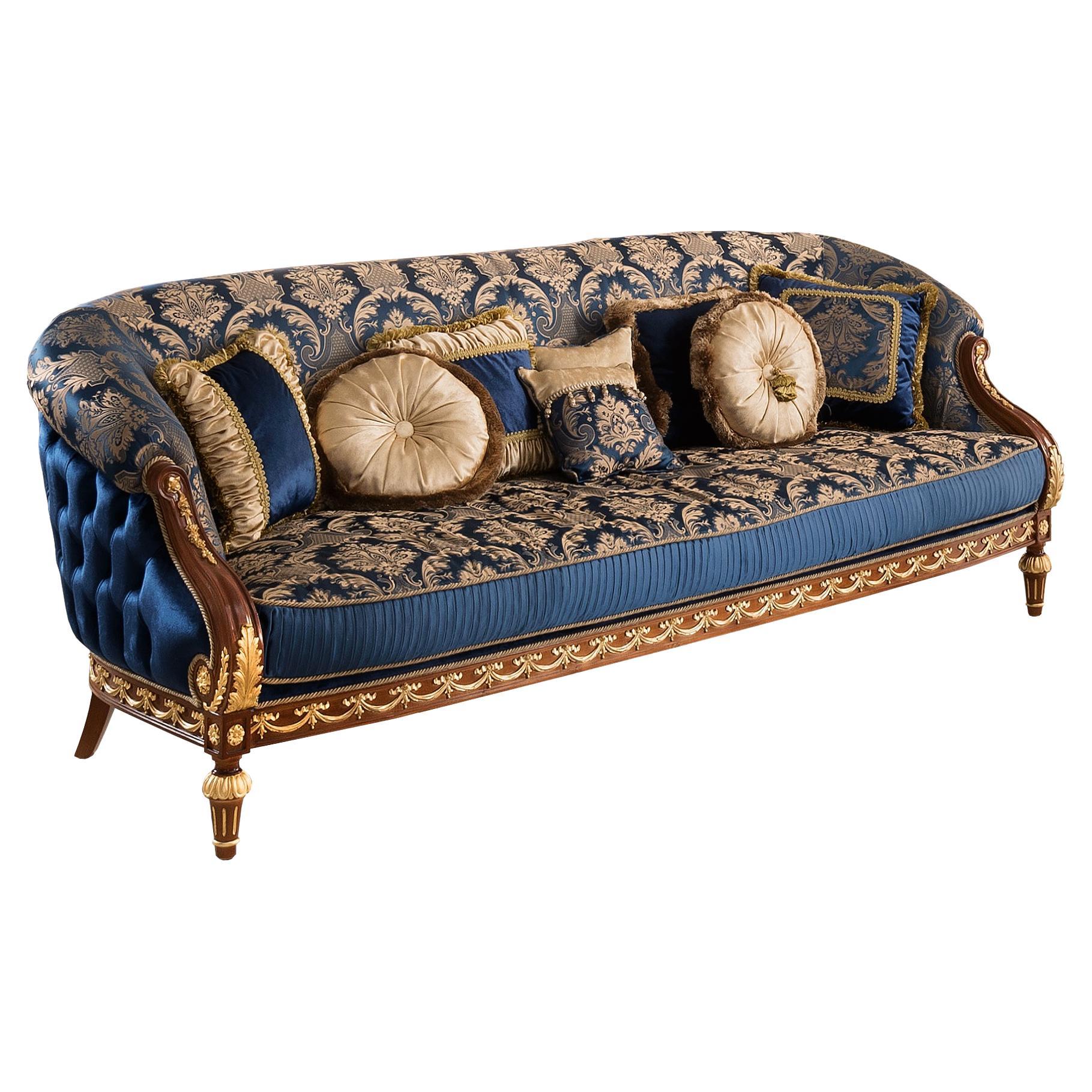  Royal Neoclassical Sofa in High Quality Cherry Wood and Shiny Gold Leaf Decor For Sale