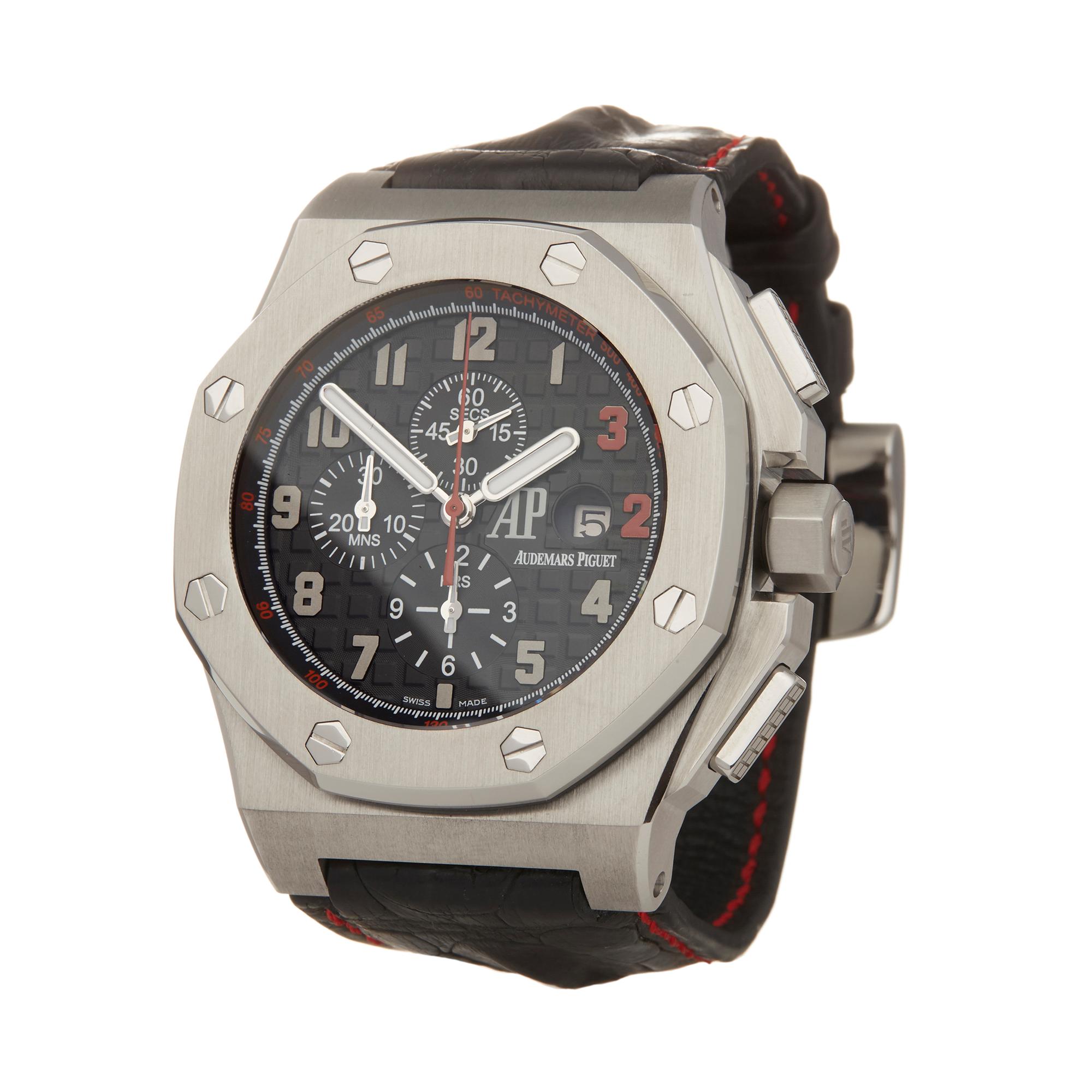 Ref: W5901
Manufacturer: Audemars Piguet
Model: Royal Oak Offshore
Model Ref: 26133ST.00.A101CR.01
Age: 30th January 2008
Gender: Mens
Complete With: Box, Manuals & Guarantee
Dial: Black Arabic
Glass: Sapphire Crystal
Movement: Automatic
Water