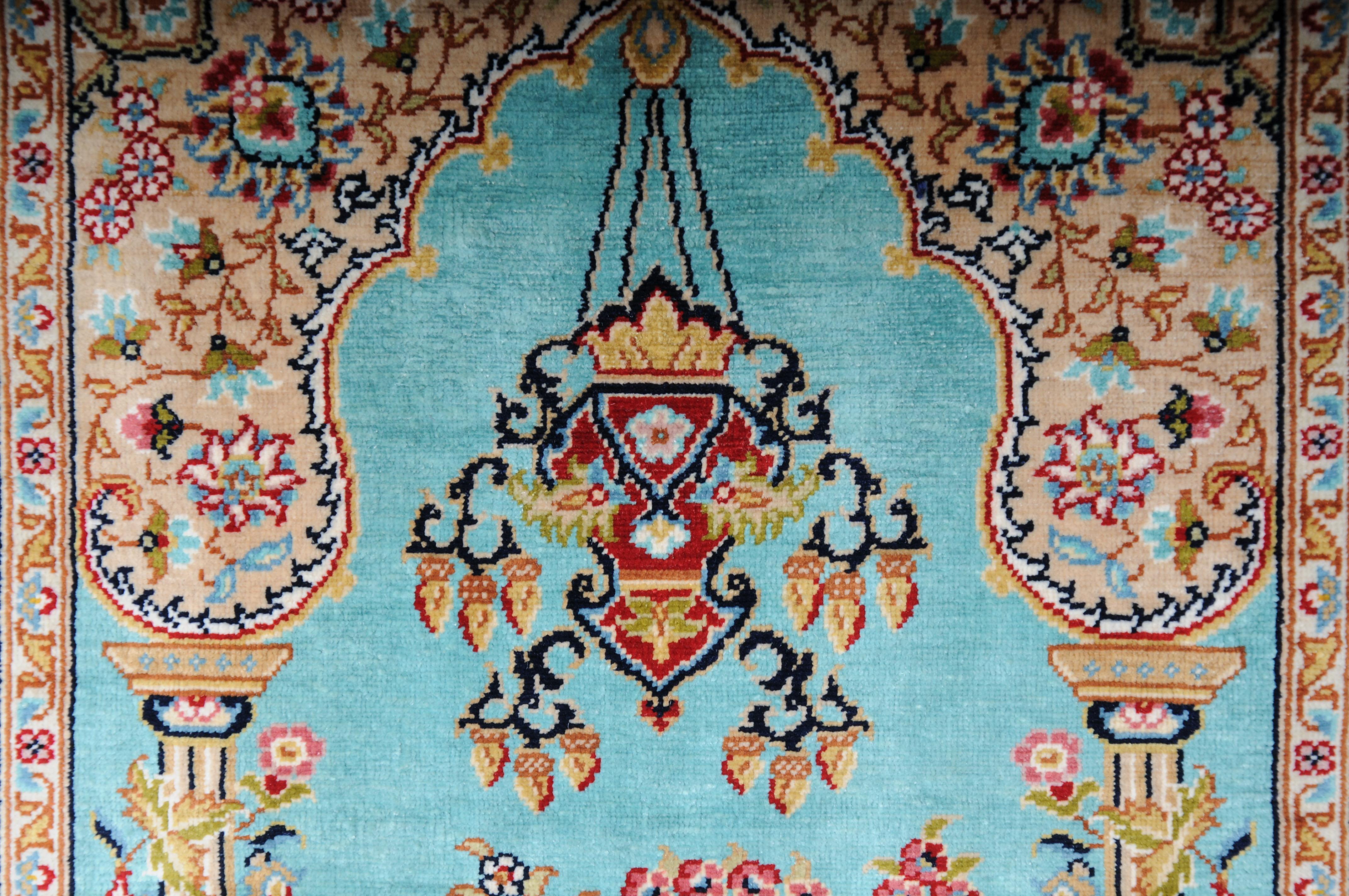 Hand-Knotted Royal Ozipek silk carpet/tapestry Hereke signed, 20th Century. blue  For Sale
