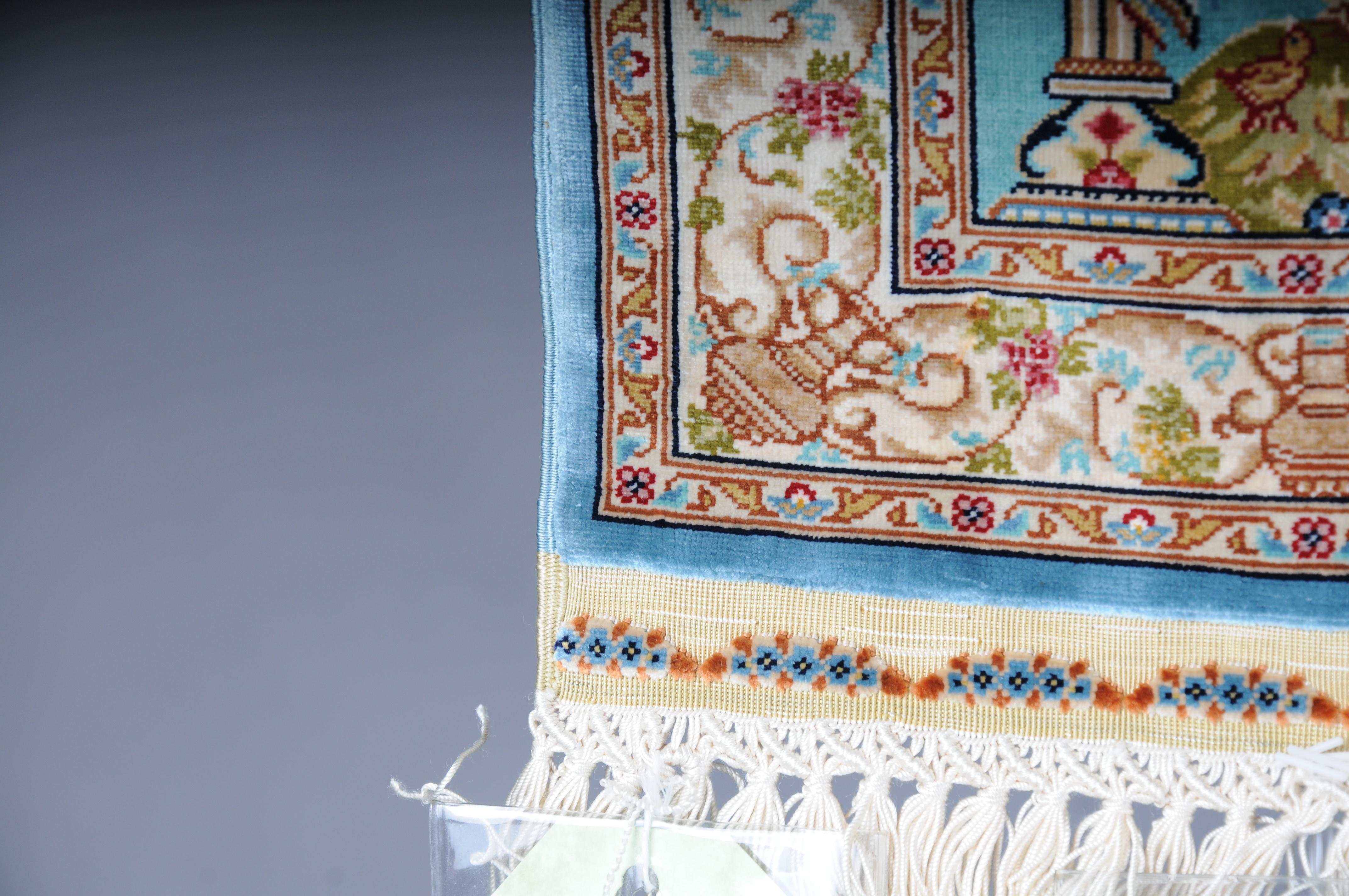 Silk Royal Ozipek silk carpet/tapestry Hereke signed, 20th Century. blue  For Sale
