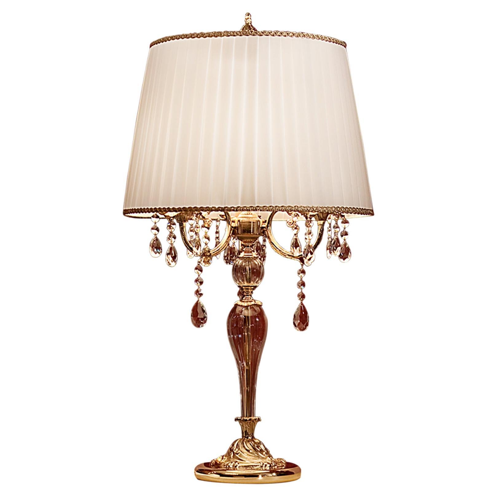 Royal Palace 24kt Antique Gold Plated 3-Lights Table Lamp with Crystal Pendants