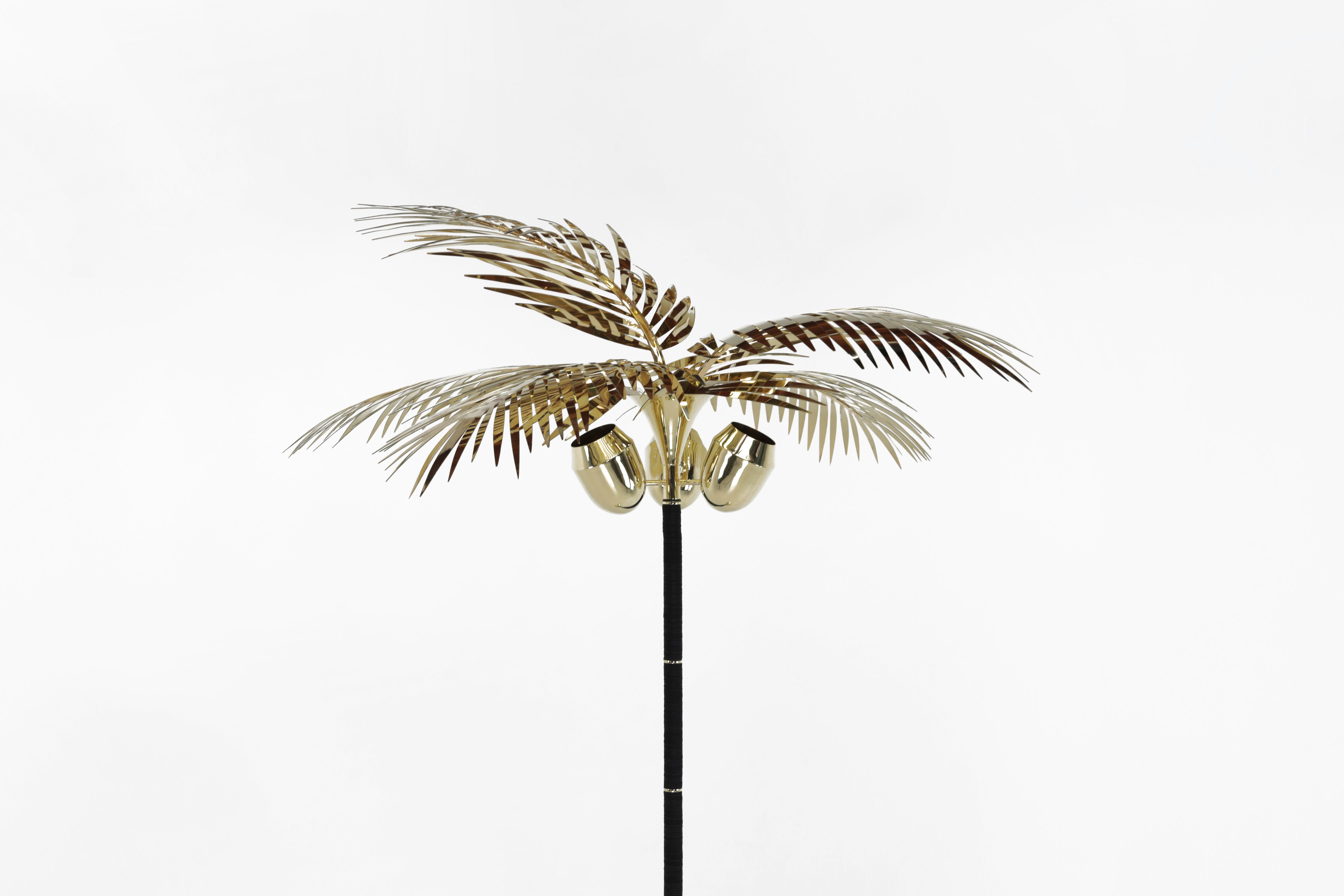 Royal Palm Tree Stehlampe aus Messing und Leder von Christopher Kreiling (Hollywood Regency) im Angebot