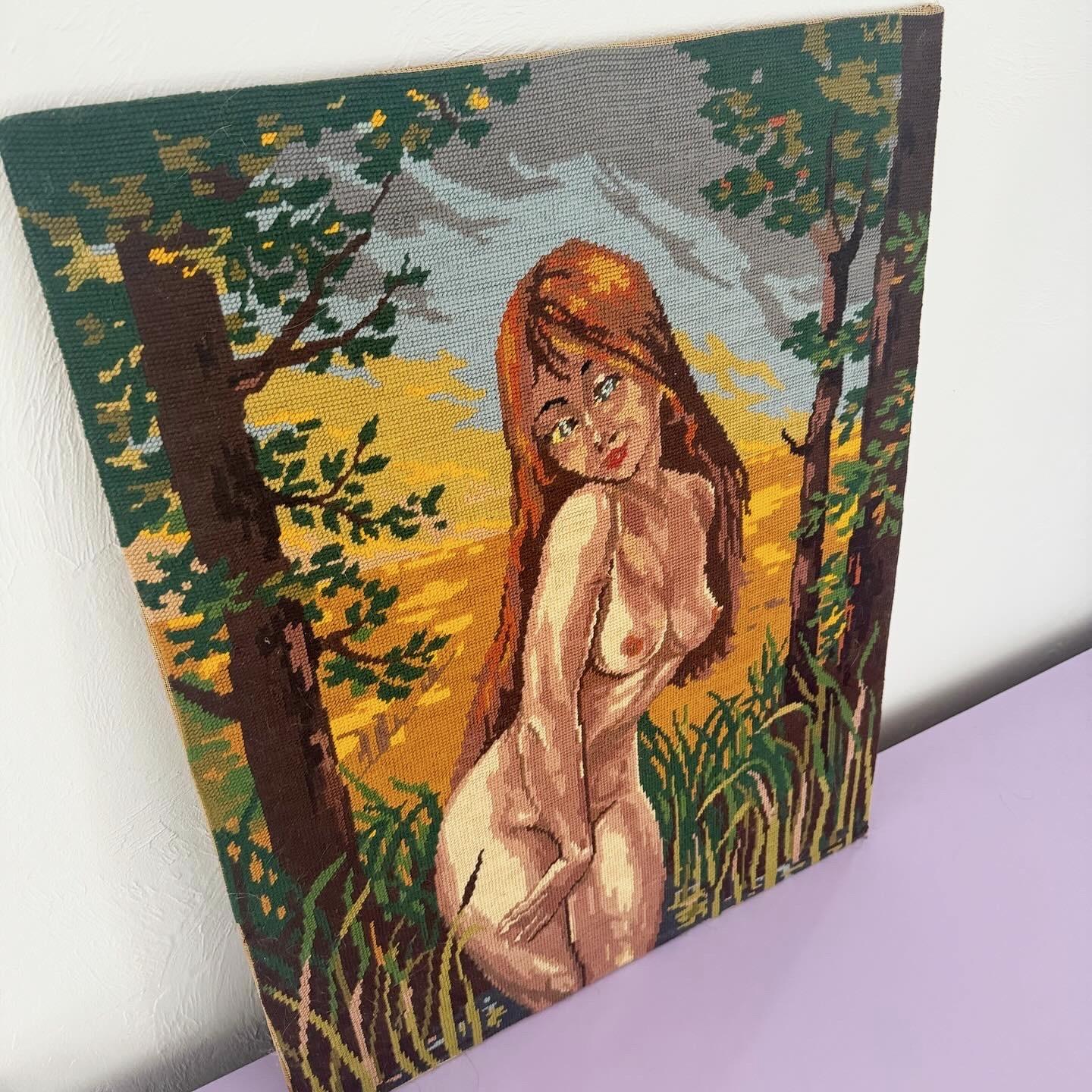 Royal Paris Needlepoint Printed Canvas of Nude Woman in the Wilderness In Good Condition For Sale In Delray Beach, FL
