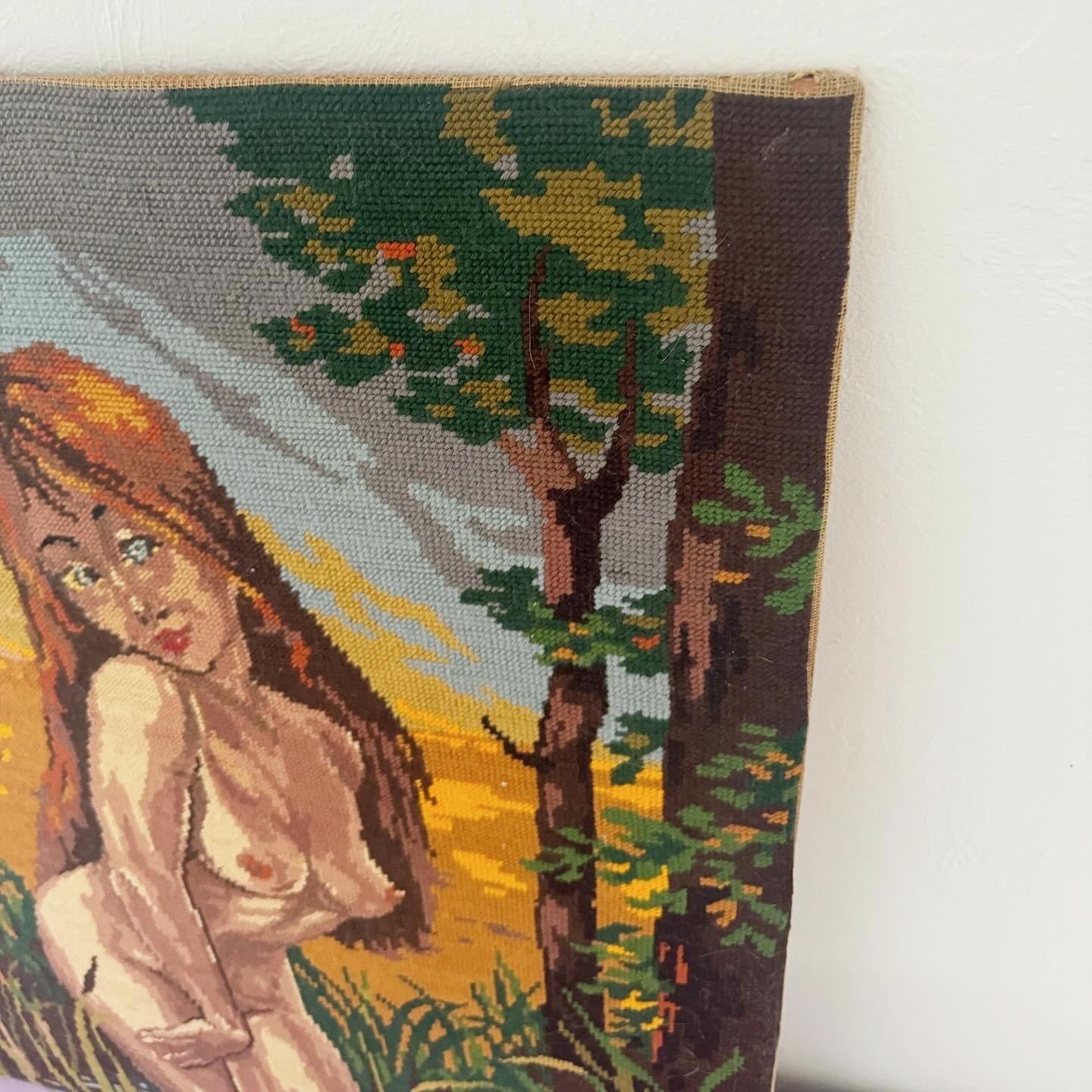 Late 20th Century Royal Paris Needlepoint Printed Canvas of Nude Woman in the Wilderness For Sale