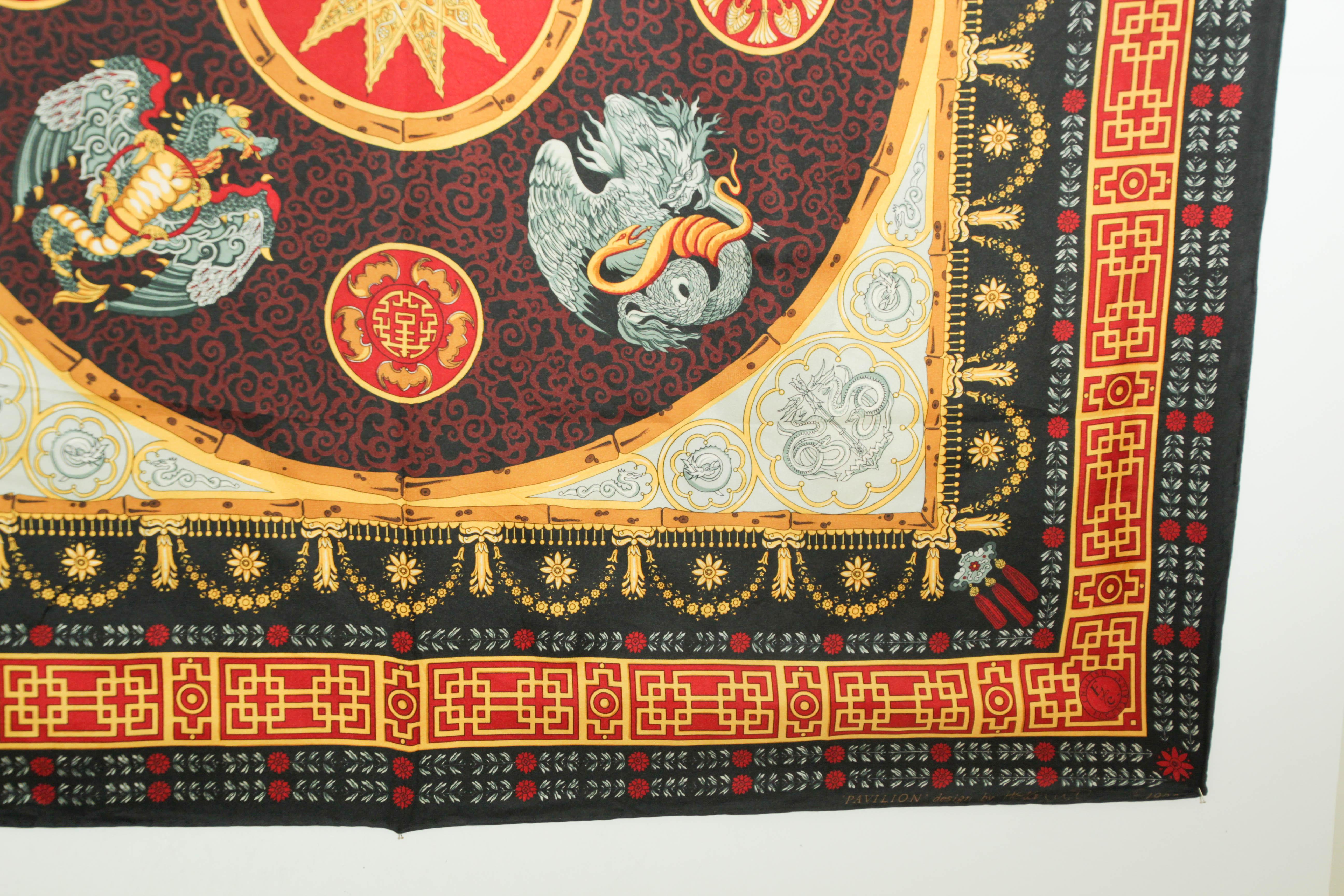 Royal Pavilion English Eccentrics Asian Dragons Silk Scarf 1990’s In Good Condition For Sale In North Hollywood, CA