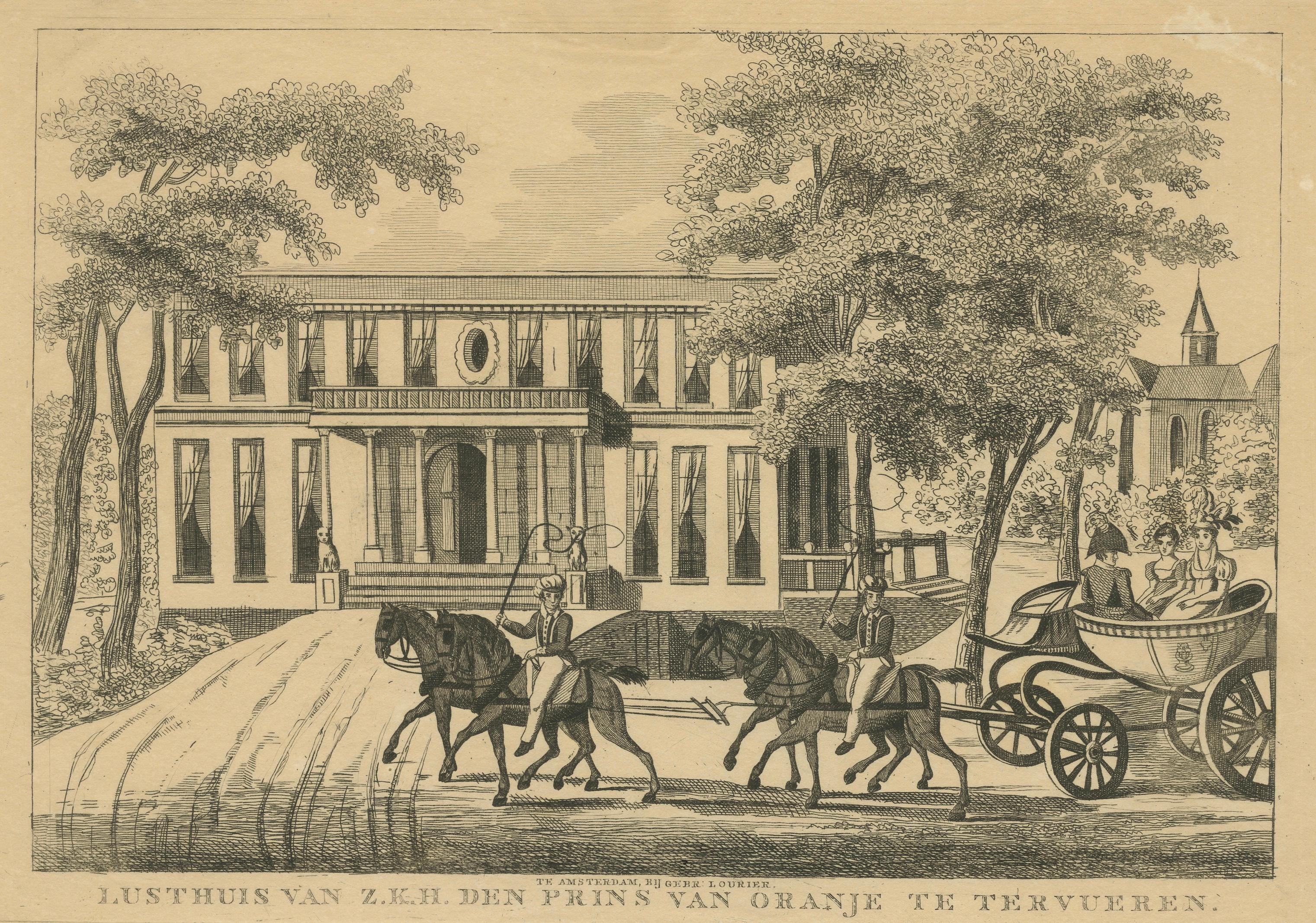 Title: Lusthuis of HRH the Prince of Orange at Tervuren, circa 1820s

Description:
This fine antique engraving depicts the Lusthuis (Pleasure House or Country Retreat) of His Royal Highness the Prince of Orange located at Tervuren, near Brussels in