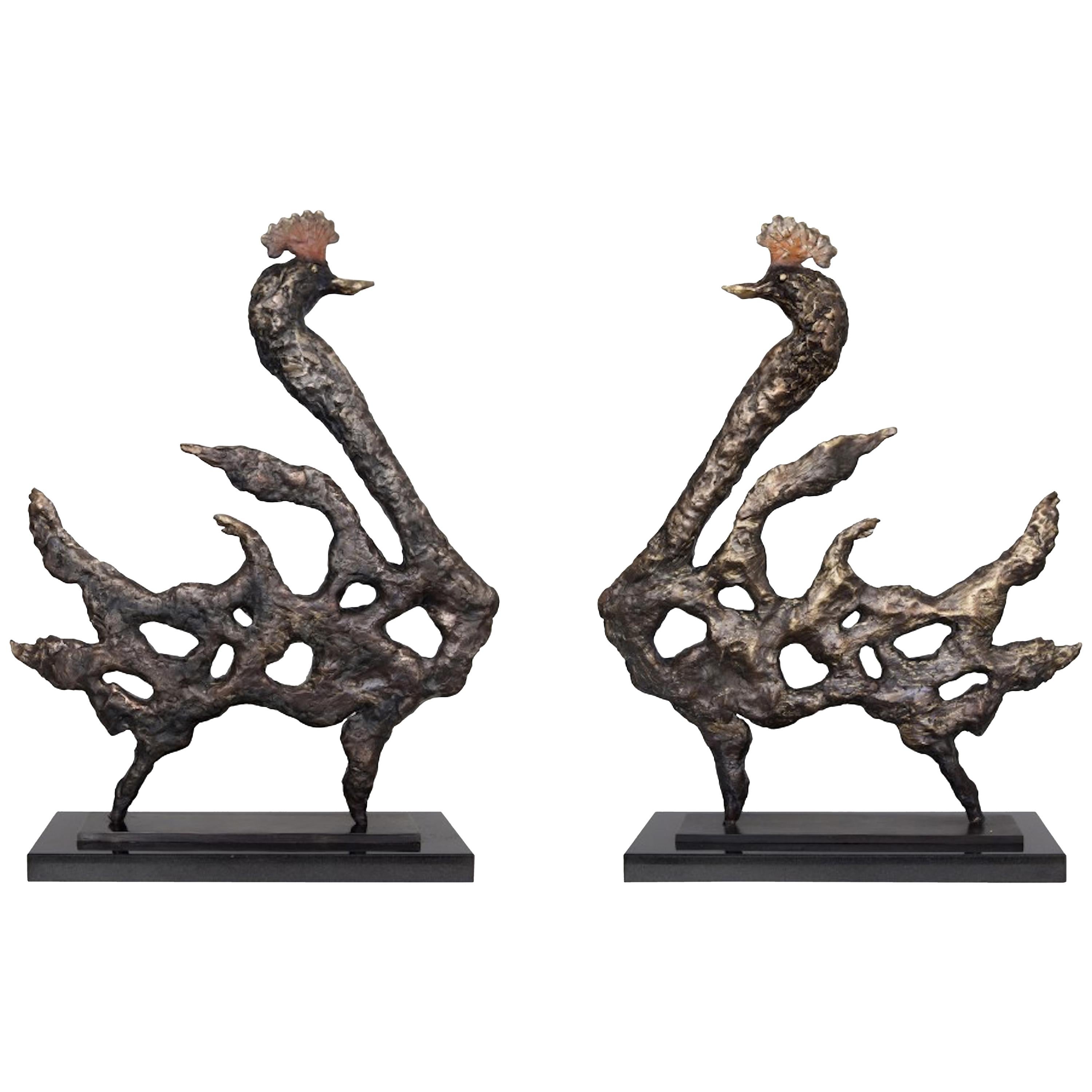   Paire de sculptures en bronze uniques en leur genre "Oiseaux royaux de l'Inde".