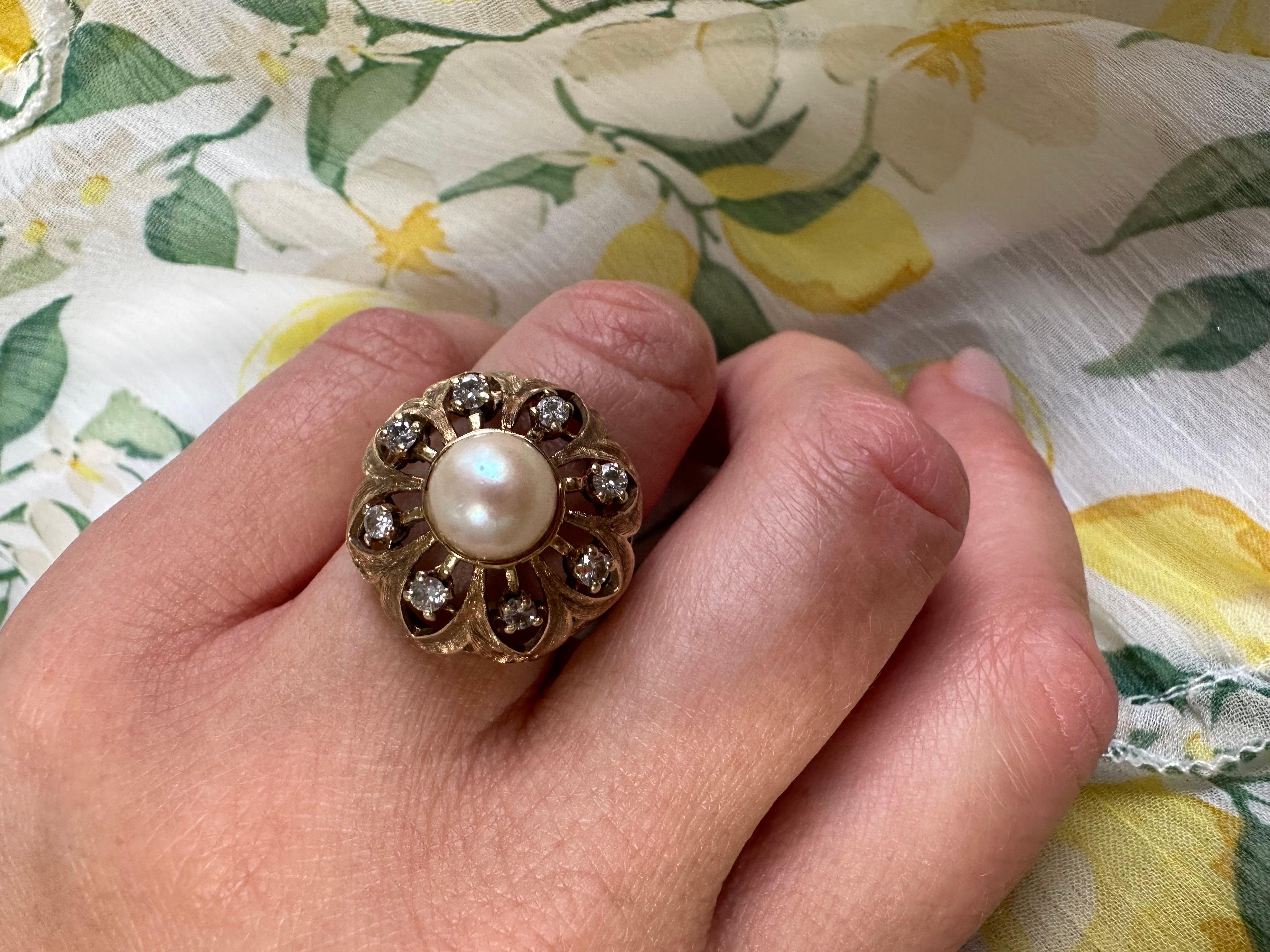 Royal Pearl and diamond ring in 14KT yellow gold dome designer ring For Sale 6