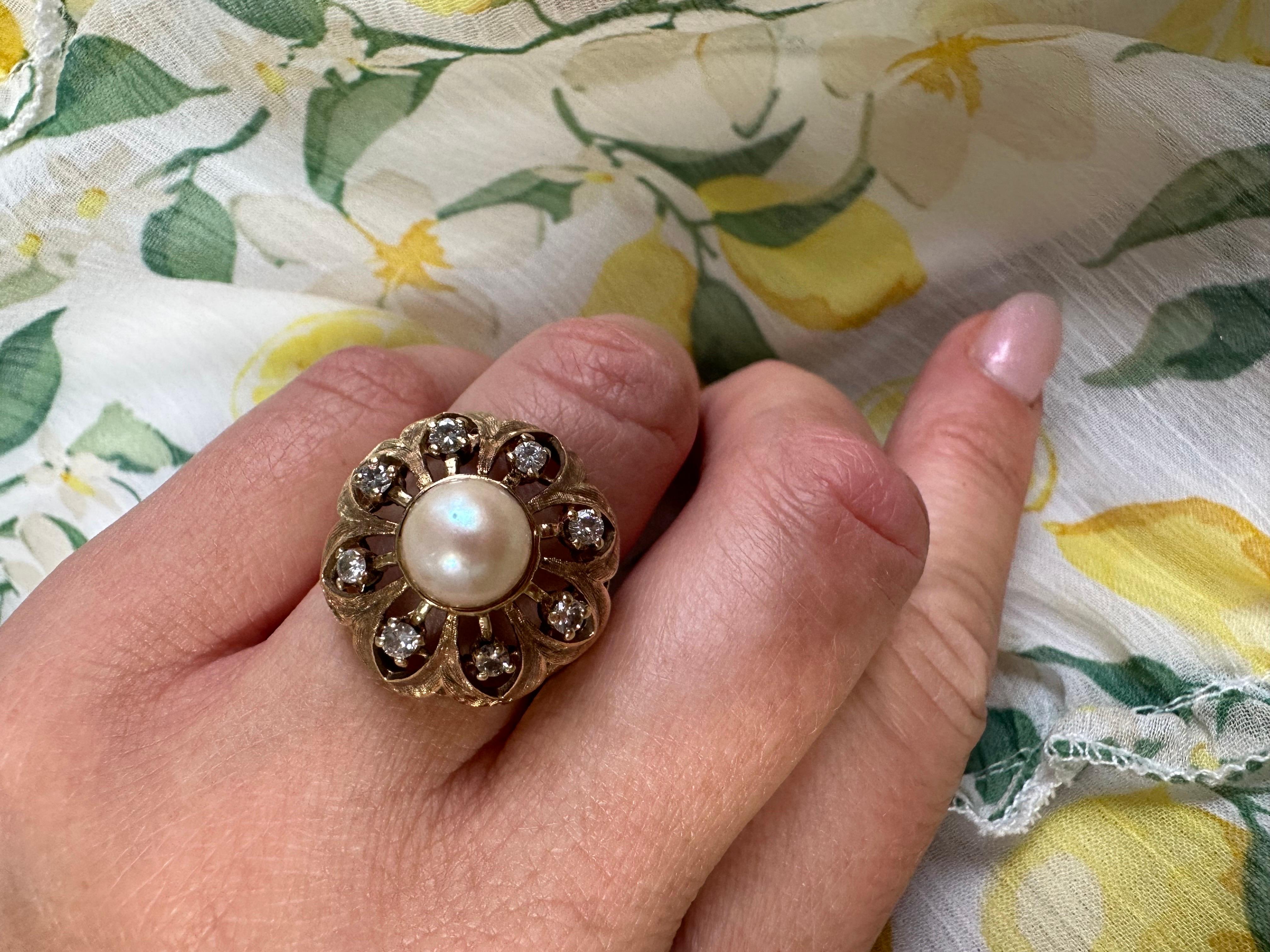Royal Pearl and diamond ring in 14KT yellow gold dome designer ring For Sale 7