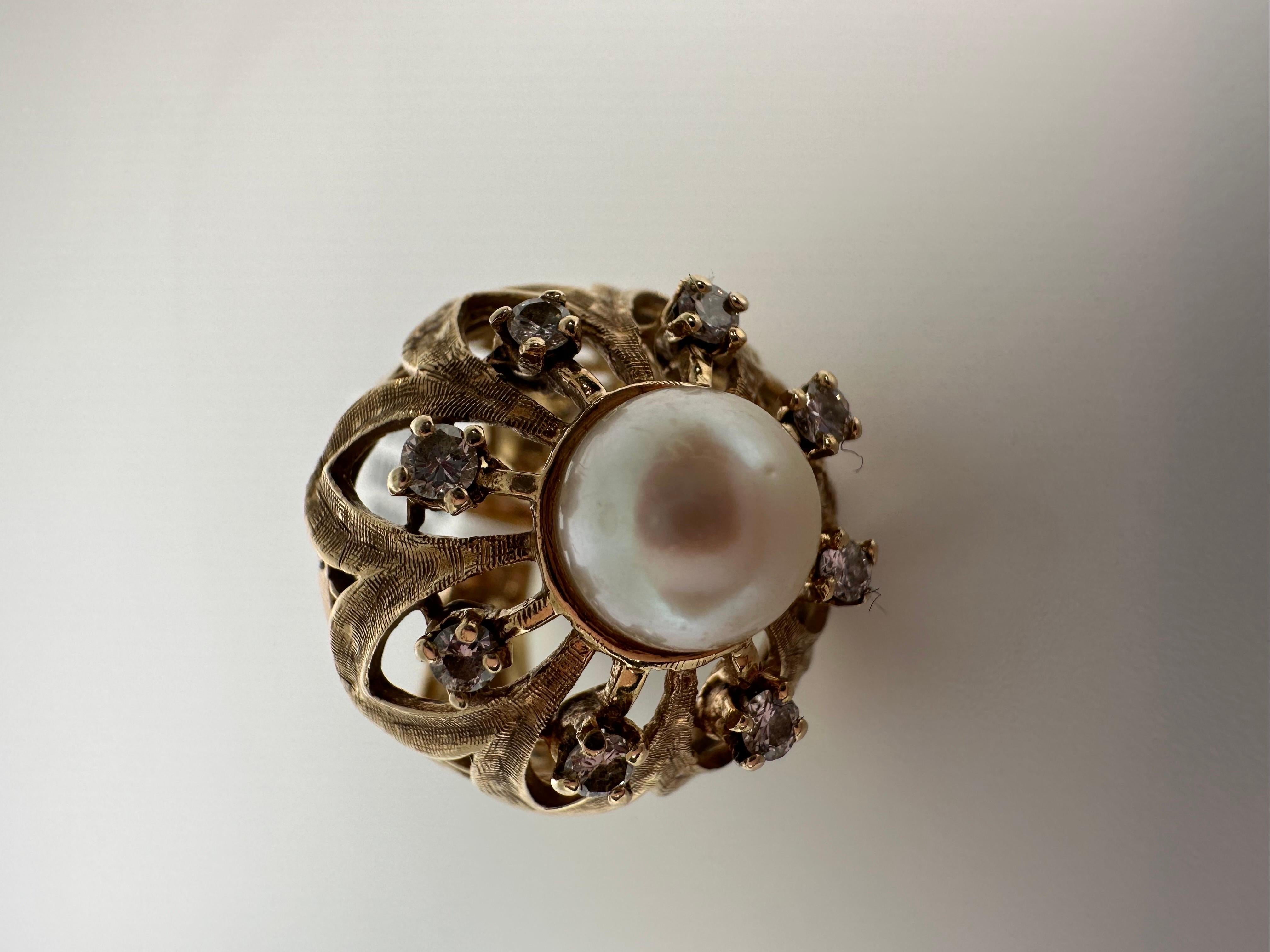 Royal Pearl and diamond ring in 14KT yellow gold dome designer ring For Sale 3