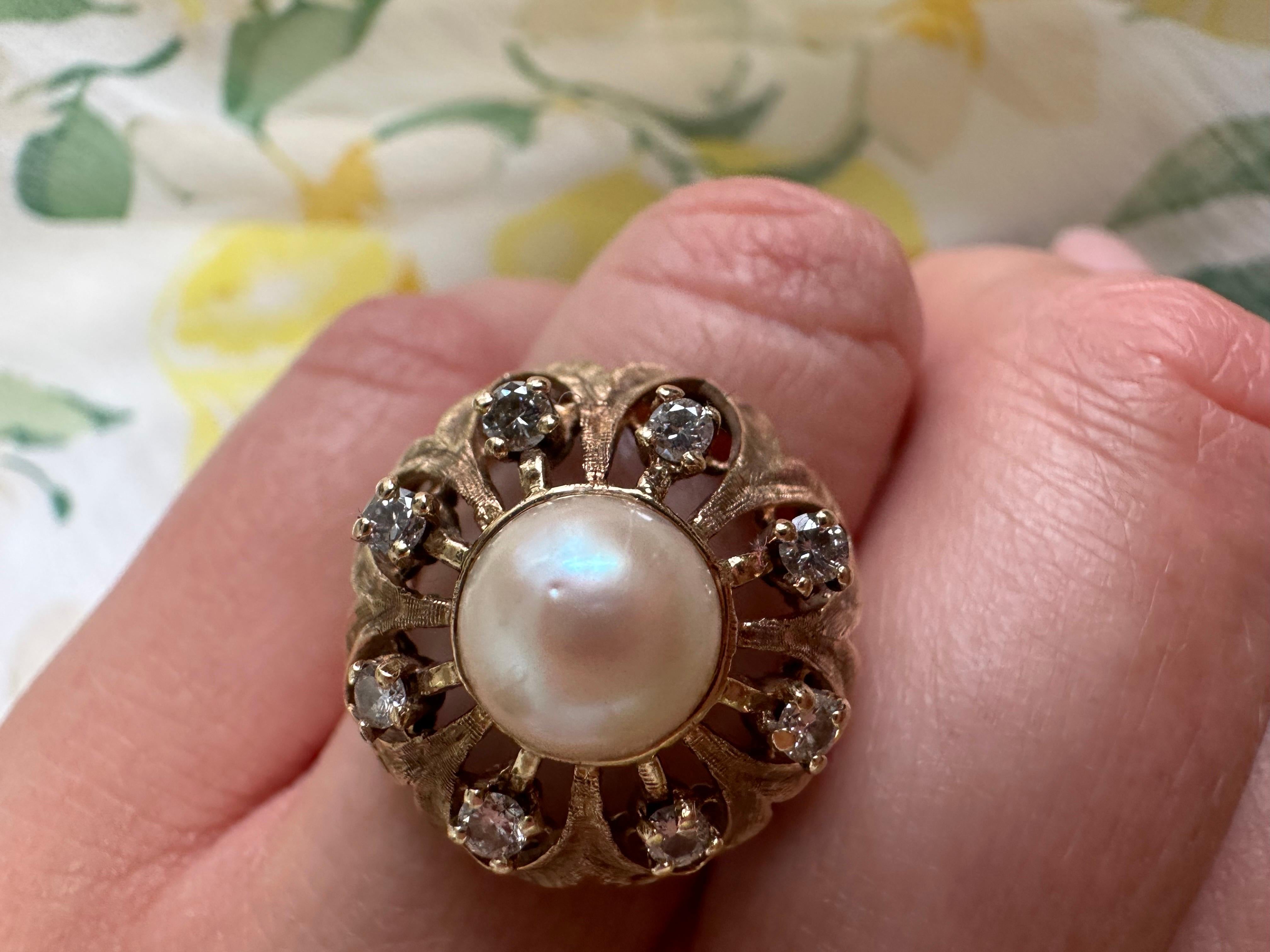 Royal Pearl and diamond ring in 14KT yellow gold dome designer ring For Sale 4