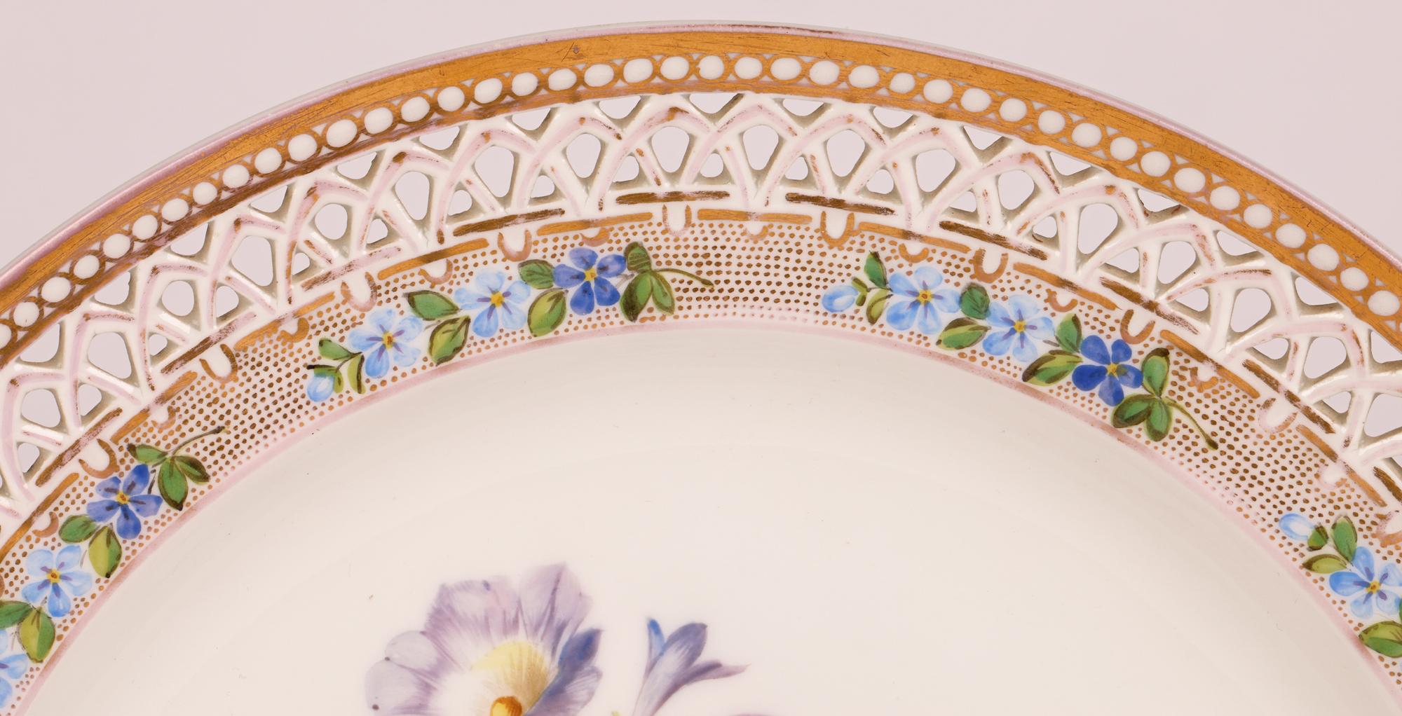 Royal Porcelain Factory Berlin Porcelain Pierced Edge Floral Painted Cabinet Pla For Sale 11