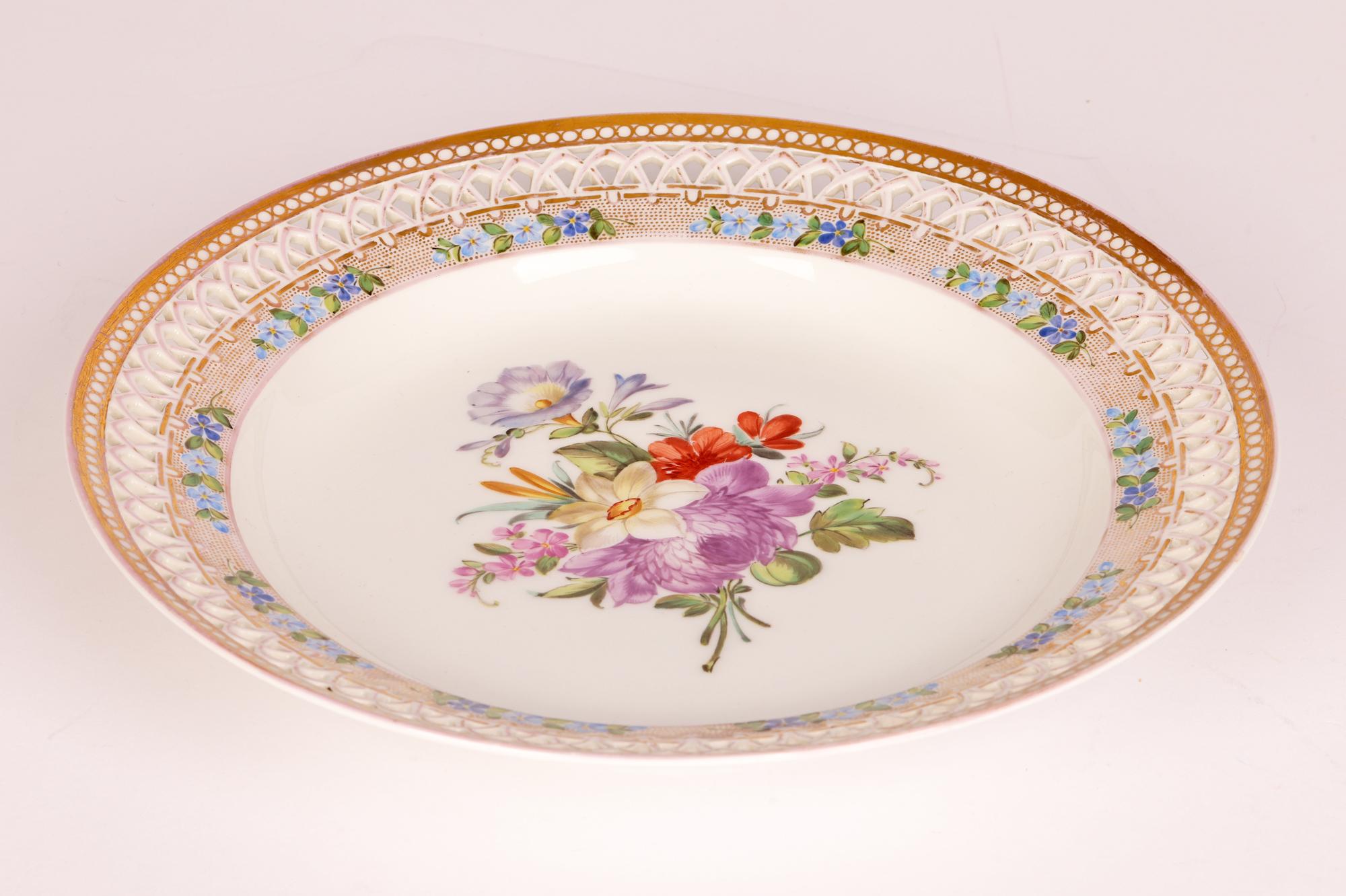 Art Nouveau Royal Porcelain Factory Berlin Porcelain Pierced Edge Floral Painted Cabinet Pla For Sale
