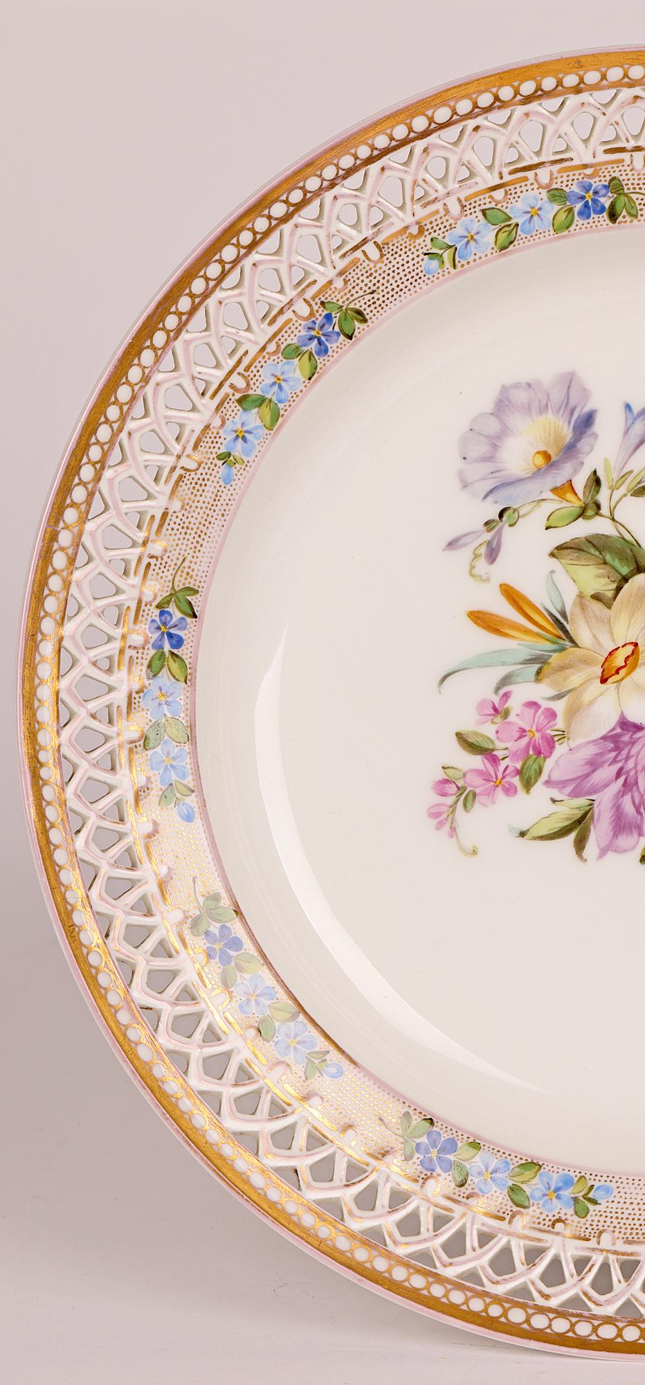Gilt Royal Porcelain Factory Berlin Porcelain Pierced Edge Floral Painted Cabinet Pla For Sale
