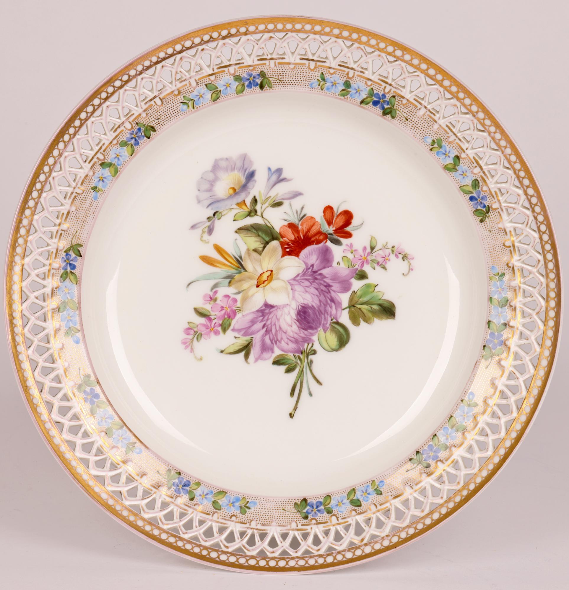 Late 19th Century Royal Porcelain Factory Berlin Porcelain Pierced Edge Floral Painted Cabinet Pla For Sale