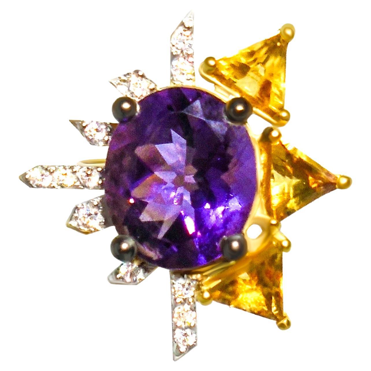 Royal Purple 14K Gold with Amethyst, Diamonds and Citrine Ring For Sale