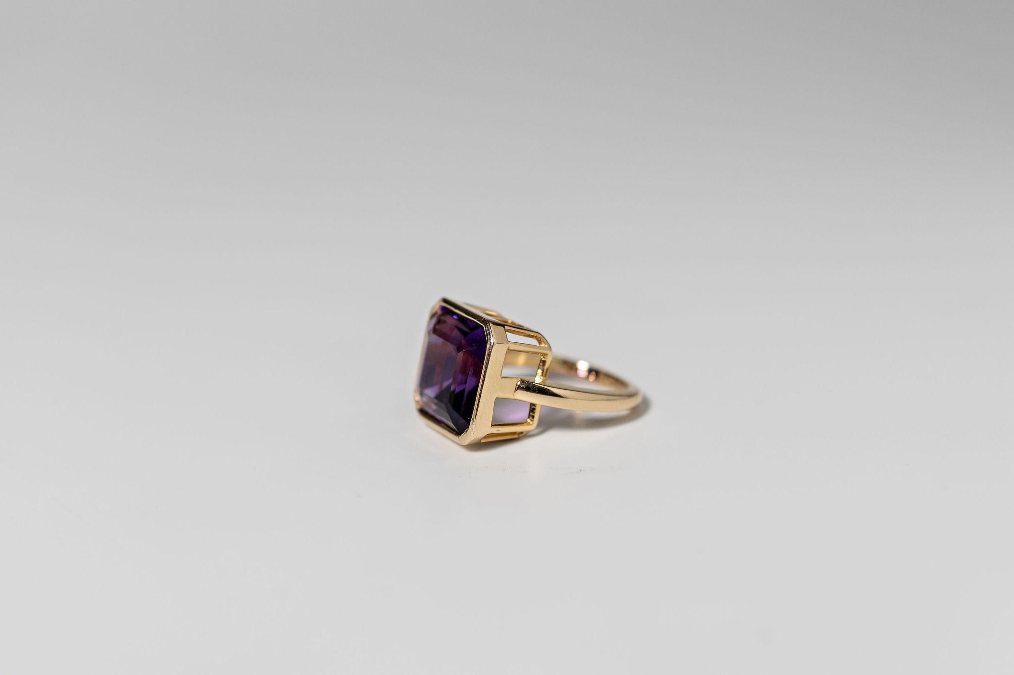 Asscher Cut Royal Purple AAAA 7.88 Carat Amethyst Pinky Ring, Bezel Set 14k Yellow Gold
