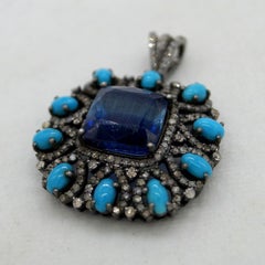 Royal Real natural kyanite, turquoise, diamond sterling silver pendant