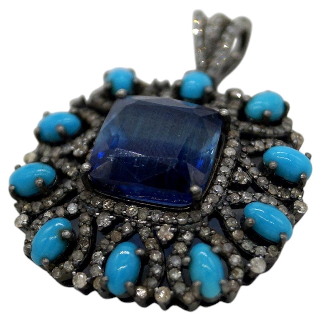 Royal Real natural kyanite, turquoise, diamond sterling silver pendant