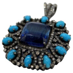 Royal Real natural kyanite, turquoise, diamond sterling silver pendant