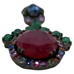 Royal Real natural ruby multi-colored sapphire, emerald sterling silver pendant