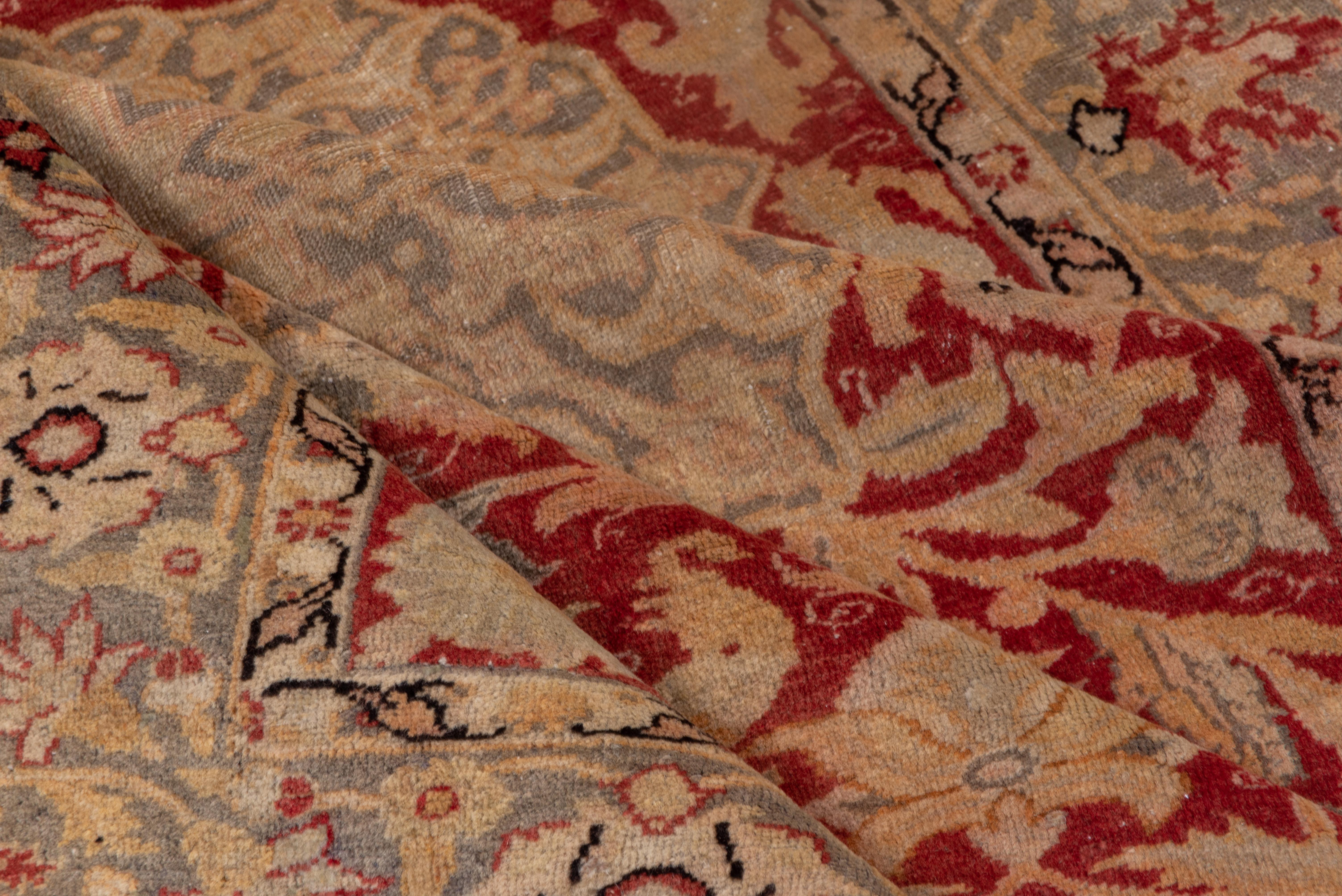 Royal Red and Egyptian Sand Tan, Center Medallion 1930s Antique Kaisary Rug In Good Condition For Sale In New York, NY