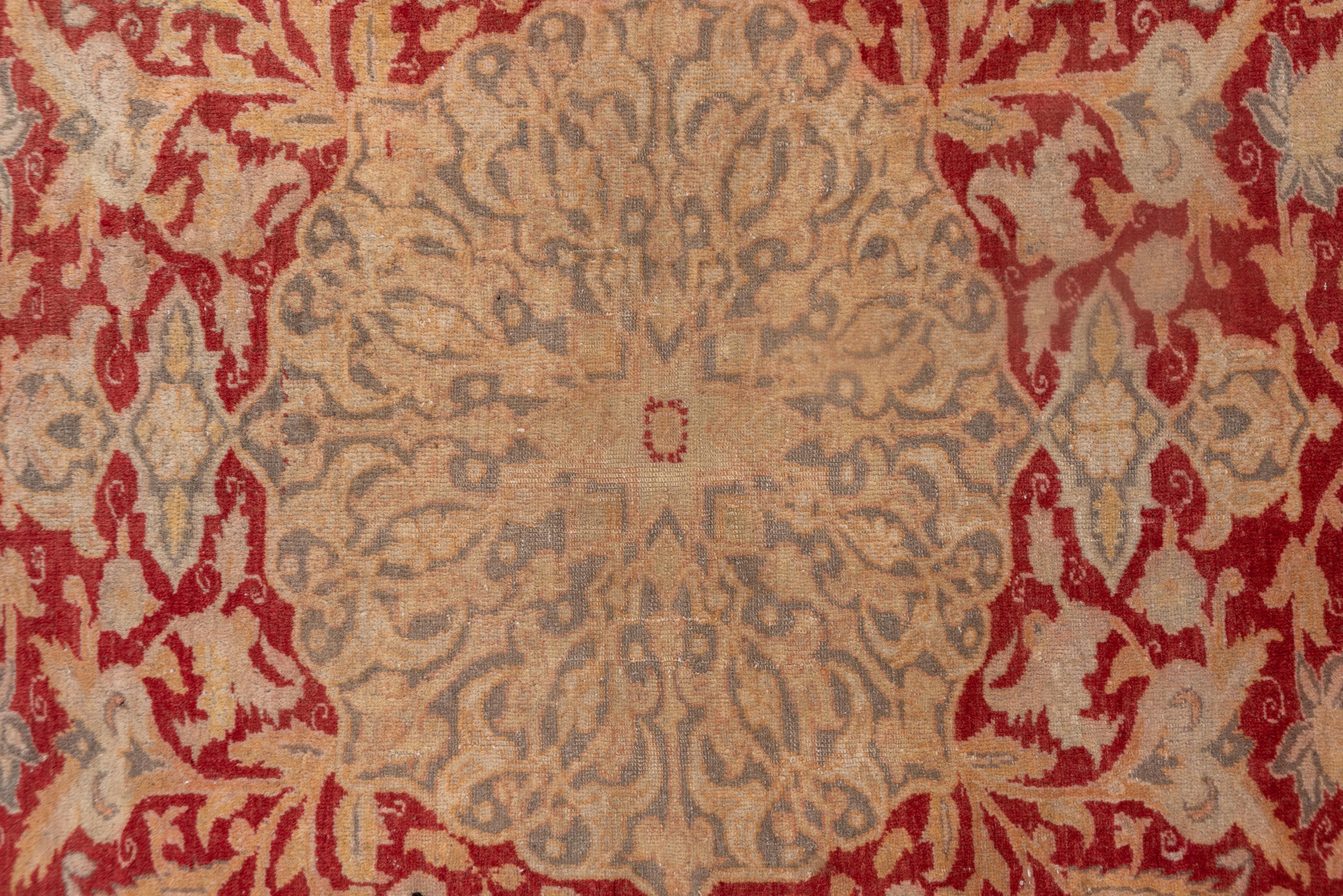 Royal Red and Egyptian Sand Tan, Center Medallion 1930s Antique Kaisary Rug For Sale 1