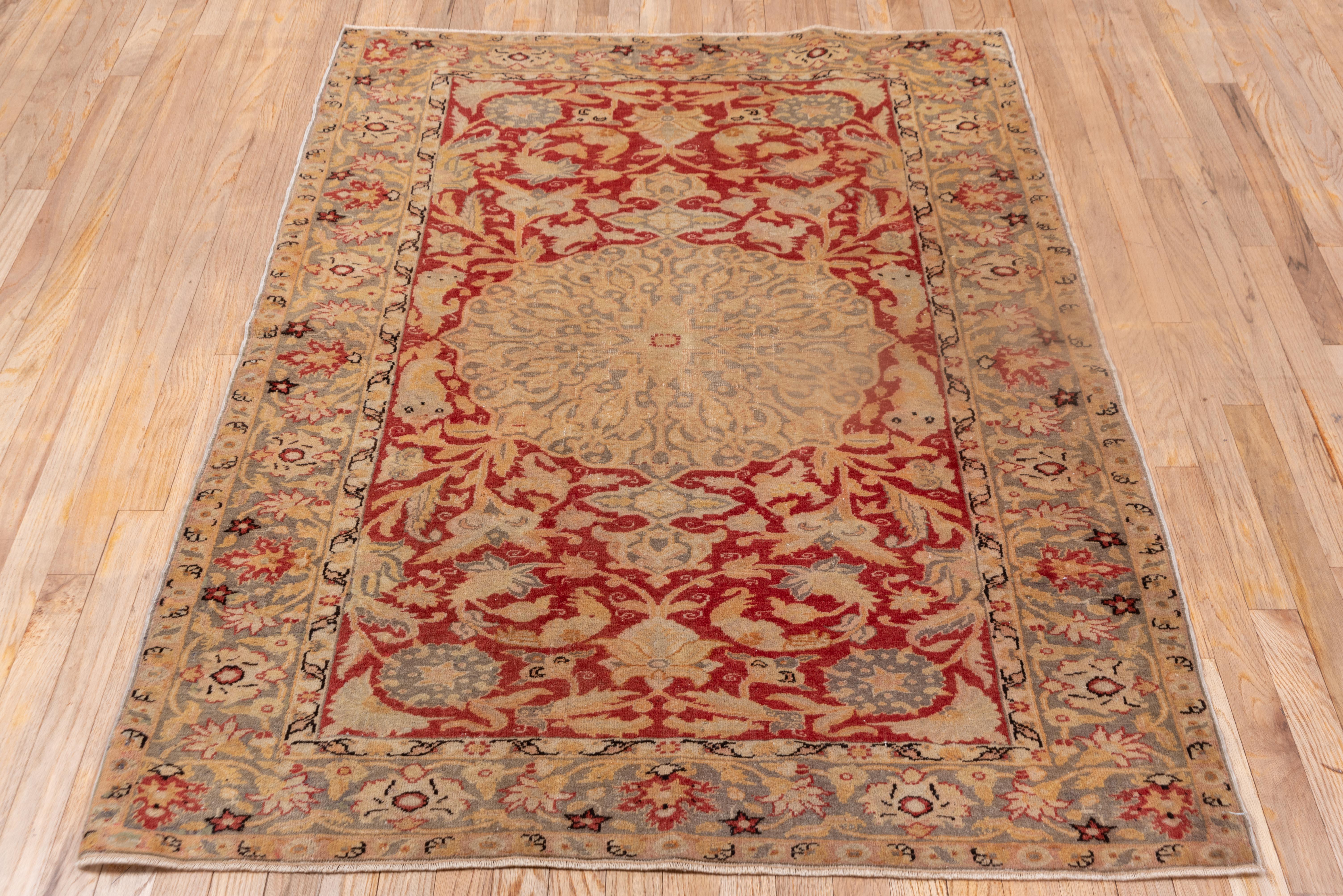 Royal Red and Egyptian Sand Tan, Center Medallion 1930s Antique Kaisary Rug For Sale 2
