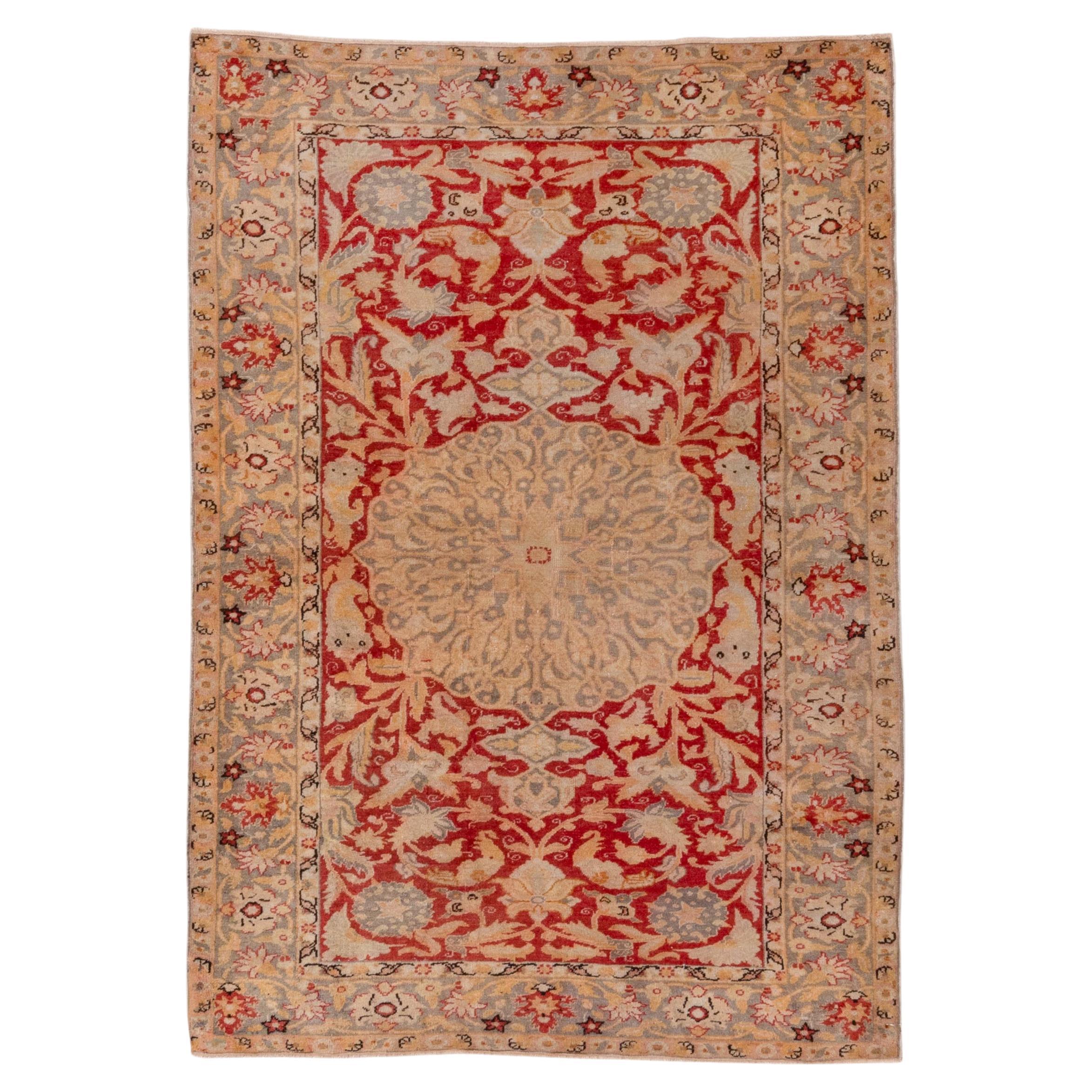 Royal Red and Egyptian Sand Tan, Center Medallion 1930s Antique Kaisary Rug For Sale