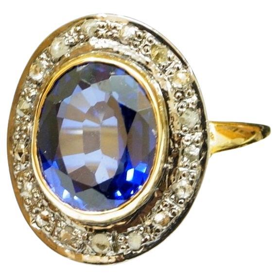 Royal Ring Natural uncut diamonds sterling silver Blue Sapphire statement ring For Sale