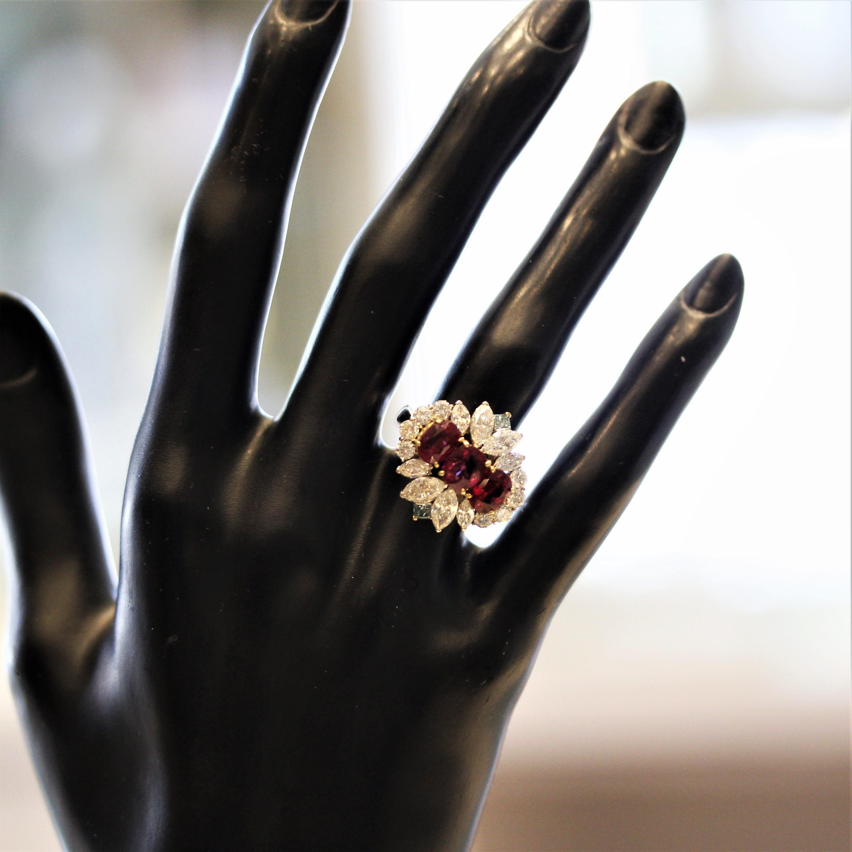 Mixed Cut Royal Ruby Diamond Fancy Blue Diamond Gold & Platinum Ring For Sale