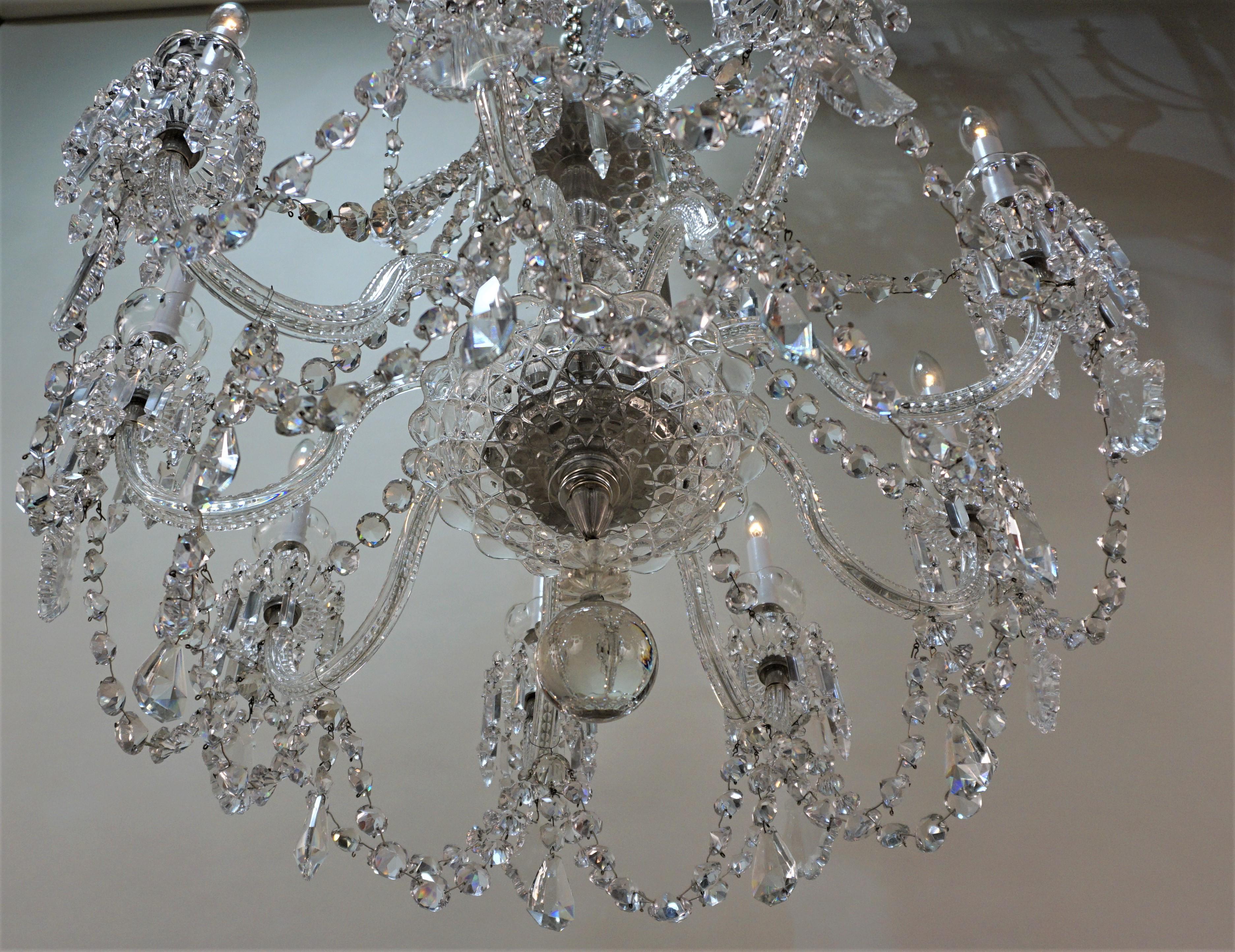 This beautiful nine-light chandelier is crafted by master glassblowers and cutters in France circa 1920s in Saint Louis crystal company.
Marked St Louis.
Measures: 32