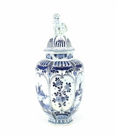 Royal Sphinx Delft Hand Painted Pottery Urn with Cat Finial, 19th Century