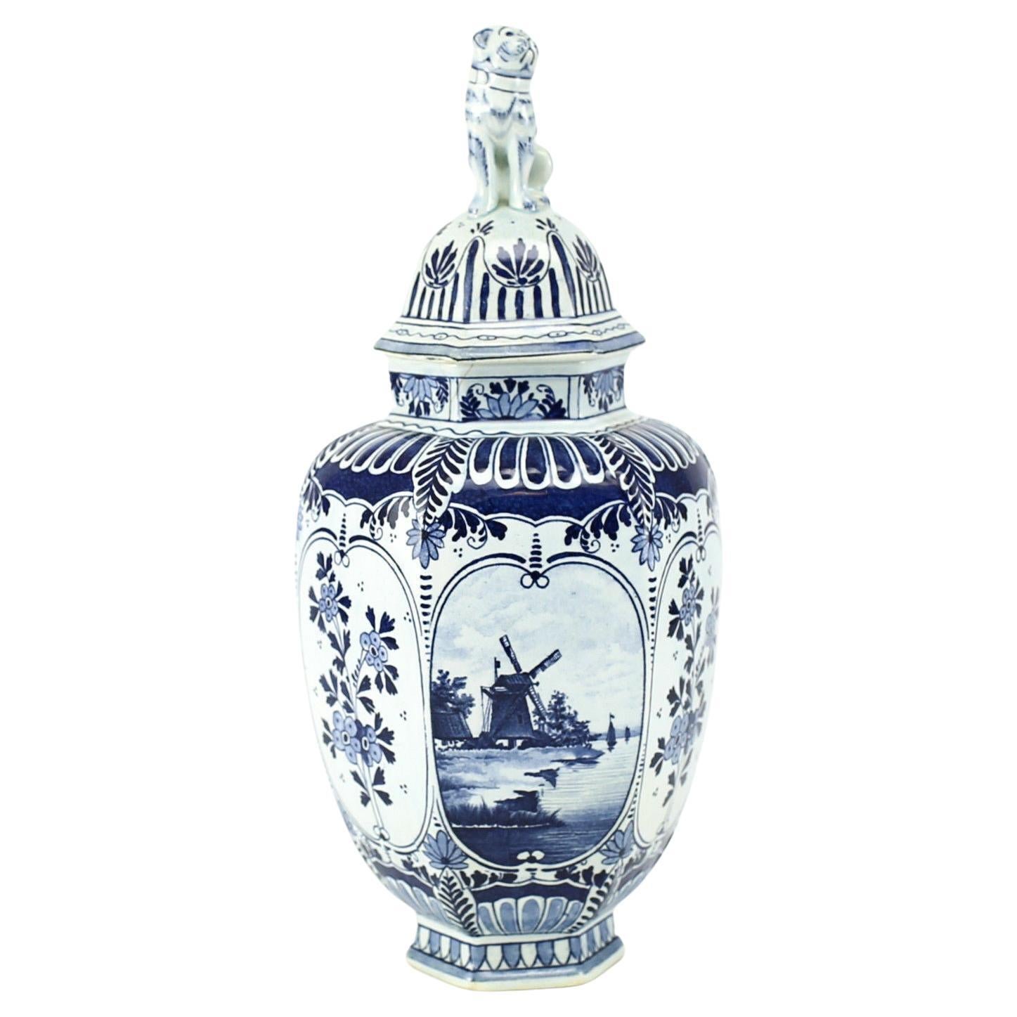Royal Sphinx Delft Hand Painted Pottery Urn with Cat Finial, 19th Century