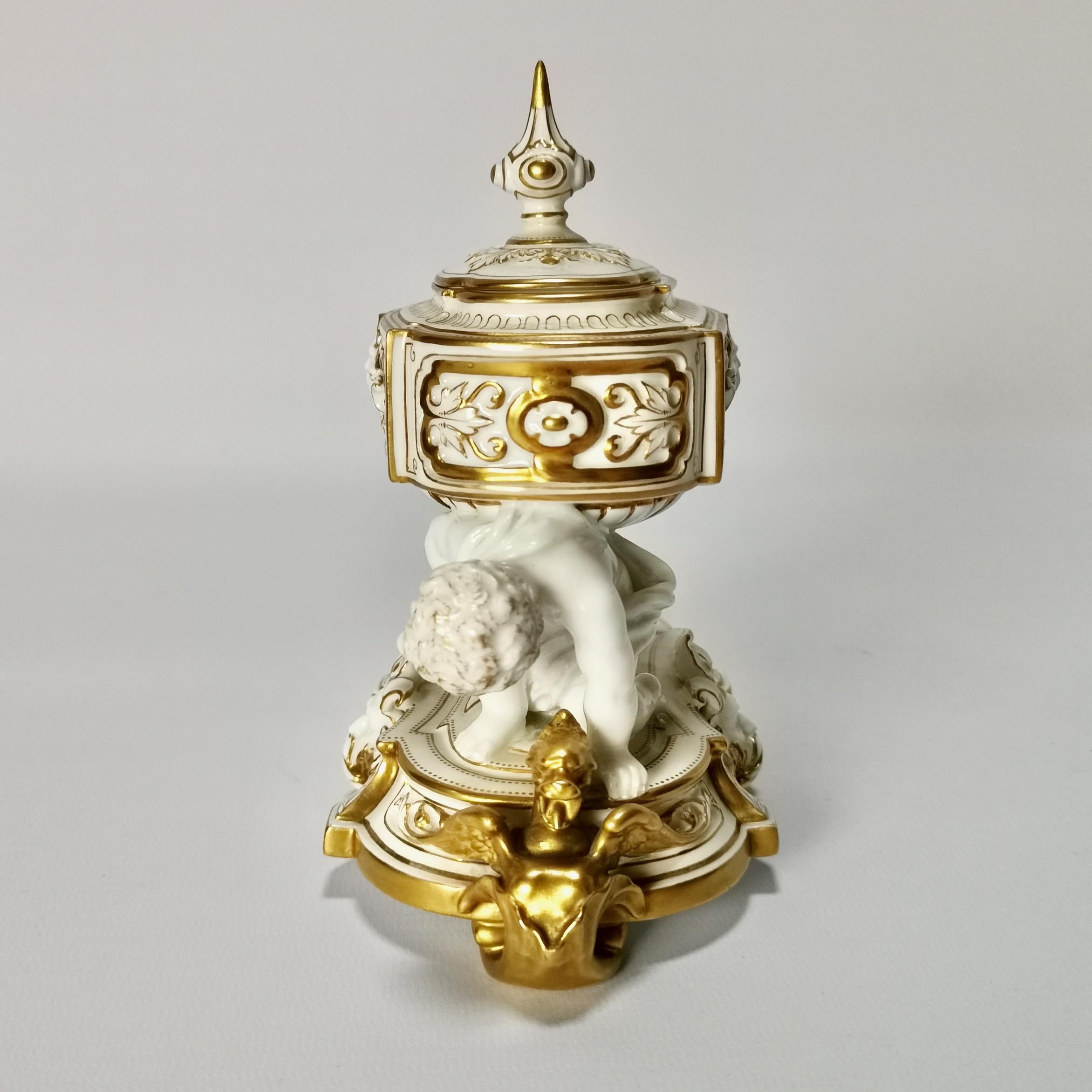 Early 20th Century Royal Stamp Box, White Porcelain, Gilt, Cherubs, Royal Worcester, Edwardian 1902